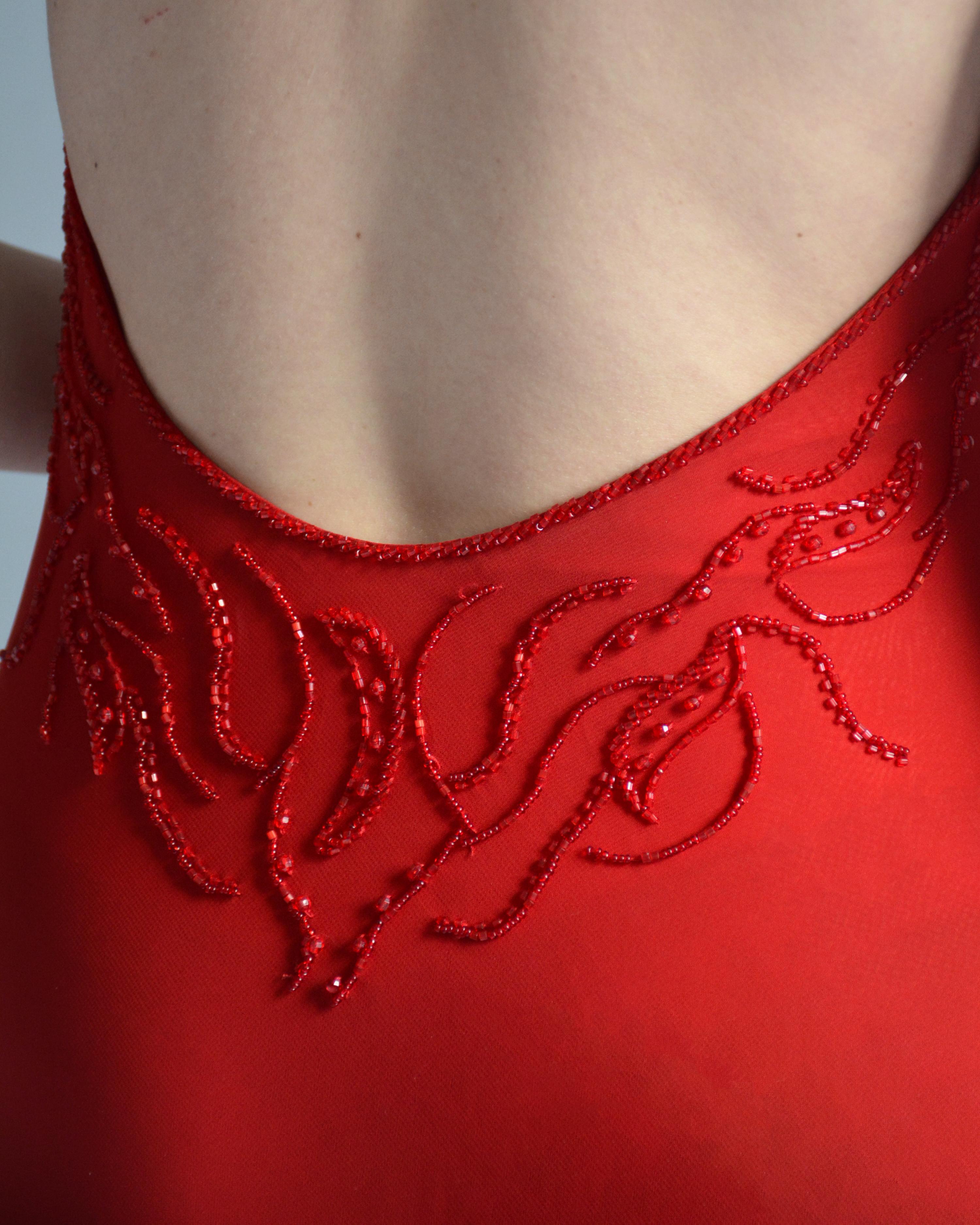 Vintage Rot Perlenbesetztes Chiffon Kleid mit offenem Rücken 2