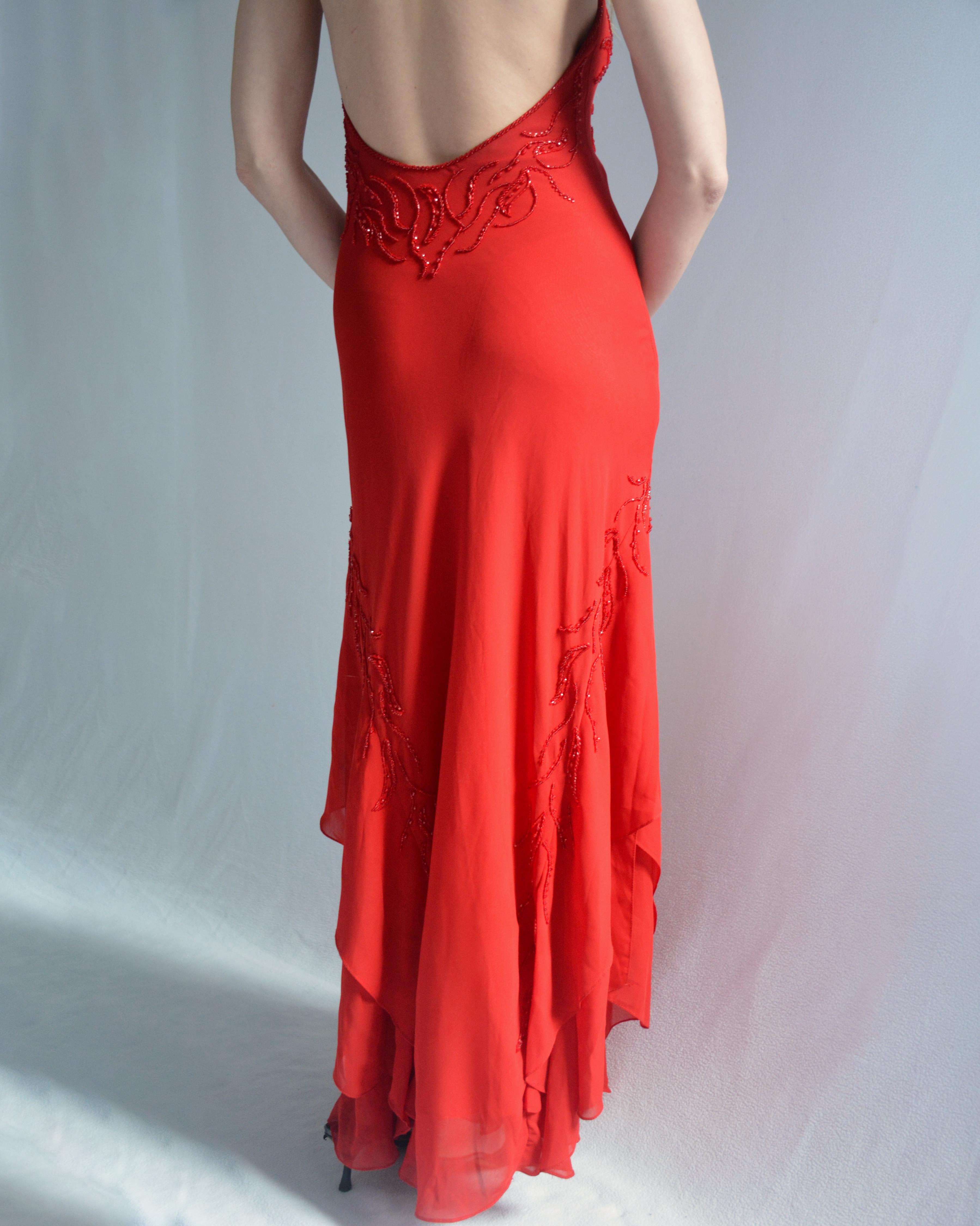 Vintage Rot Perlenbesetztes Chiffon Kleid mit offenem Rücken 3