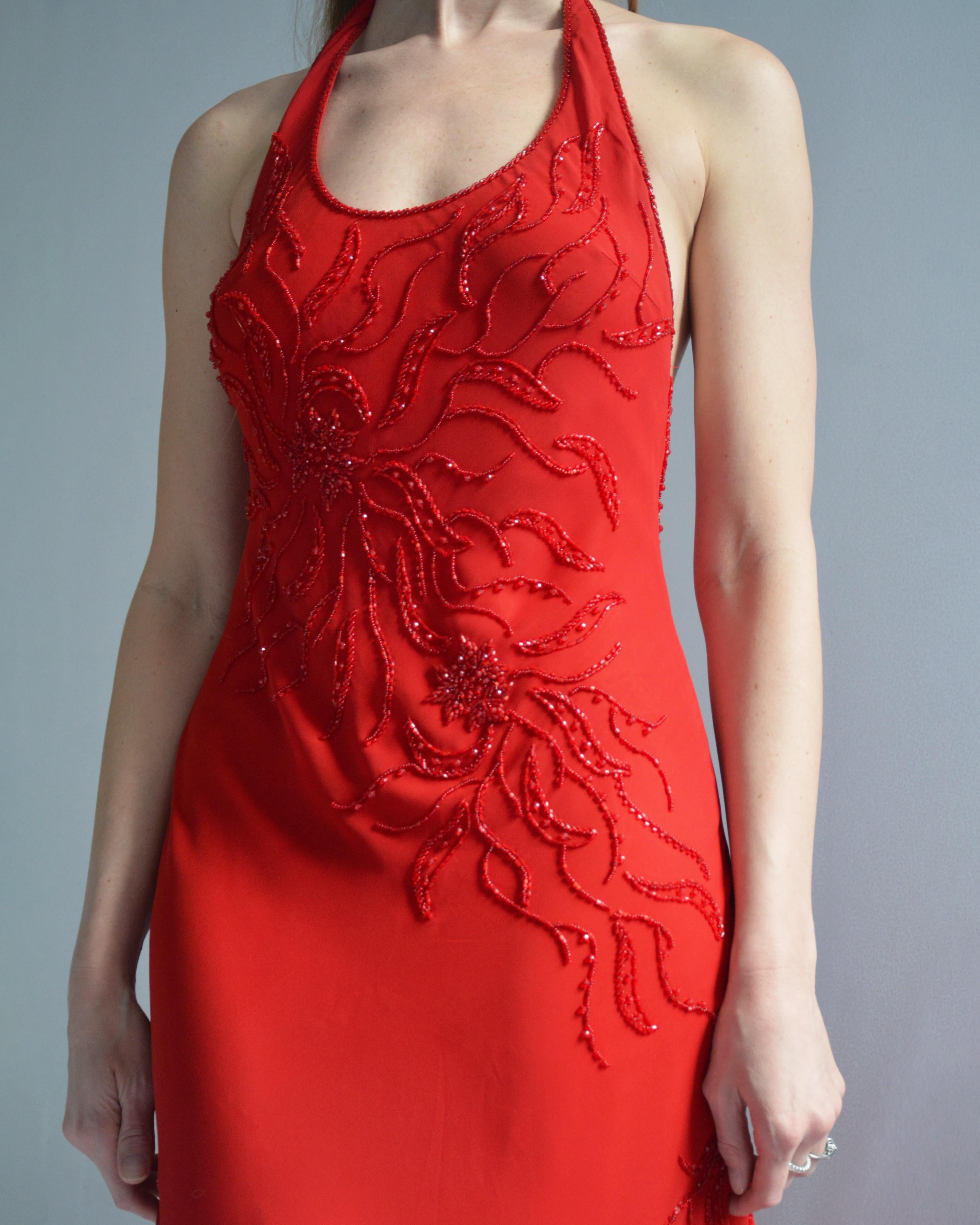 Vintage Rot Perlenbesetztes Chiffon Kleid mit offenem Rücken 4