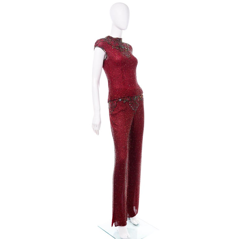 Vintage Red Beaded Silk 2 pc Evening Dress Alternative Pants and Top Outfit In Excellent Condition In Portland, OR