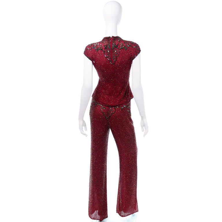Women's Vintage Red Beaded Silk 2 pc Evening Dress Alternative Pants and Top Outfit