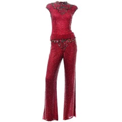 Vintage Red Beaded Silk 2 pc Evening Dress Alternative Pants and Top Outfit