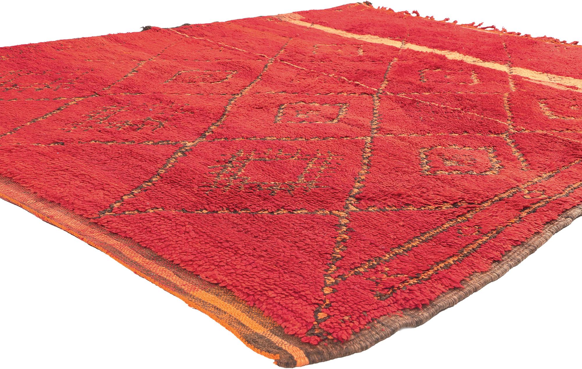 20890 Vintage Red Beni MGuild Moroccan Rug, 05'09 x 07'08. This vintage Beni MGuild rug is a traditional handwoven Moroccan masterpiece crafted by the Beni MGuild tribe, a subset of the Berber ethnic community in Morocco. Known for their intricate