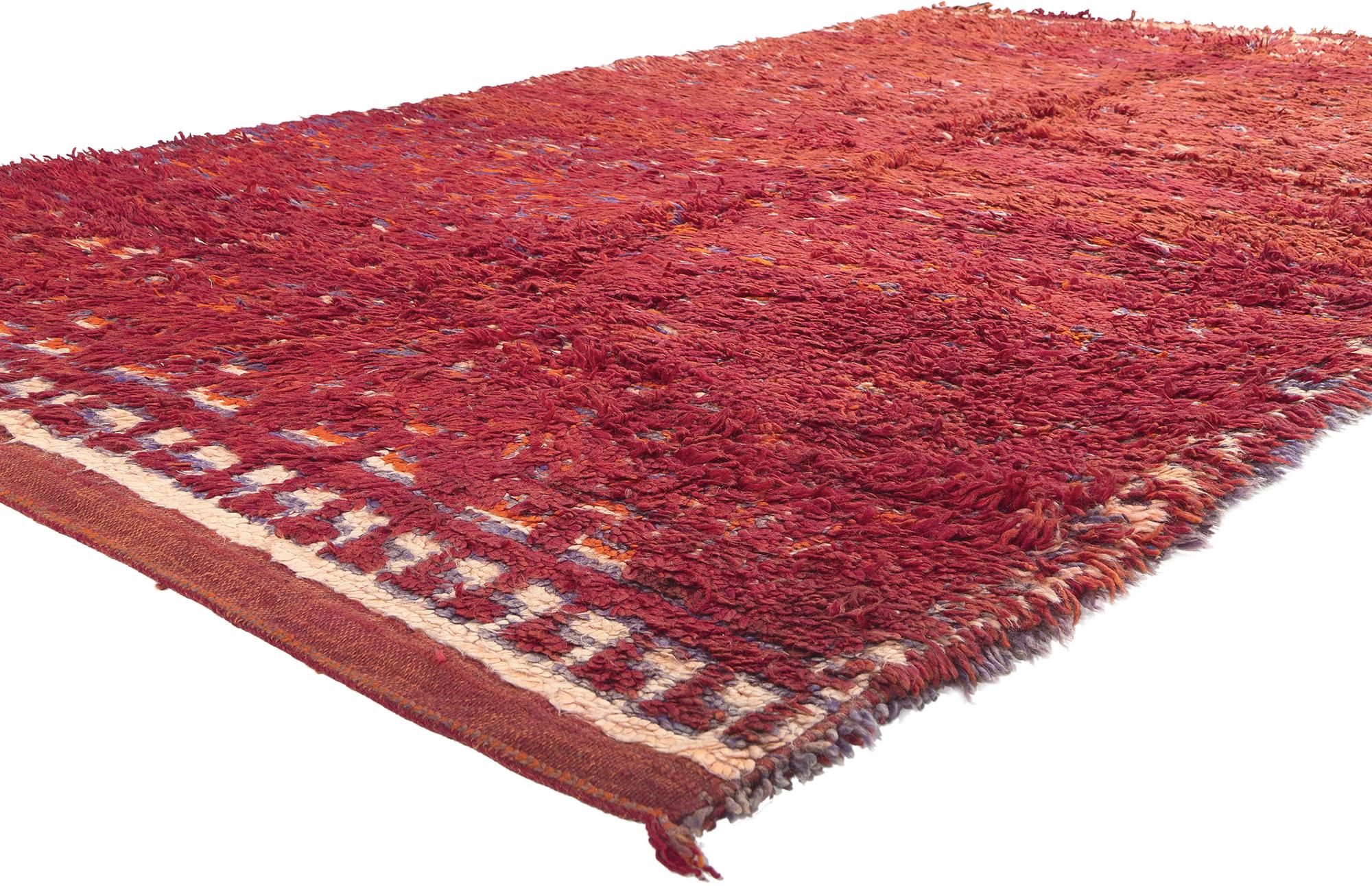 20617 Vintage Red Beni MGuild Moroccan Rug, 6'00 x 10'00. Embark on a journey into the mesmerizing world of this hand-knotted wool vintage Beni MGuild Moroccan rug, where the interplay of geometric patterns and vibrant hues beckons you into its