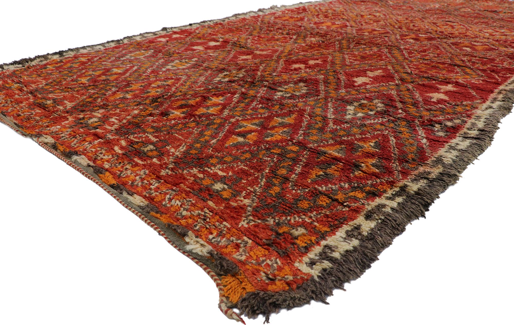 21228 Vintage Berber Beni M'Guild Red Moroccan Rug with Tribal Style 07'03 x 15'04. Showcasing a bold expressive design, incredible detail and texture, this hand knotted wool vintage Berber Beni M'Guild Moroccan rug is a captivating vision of woven