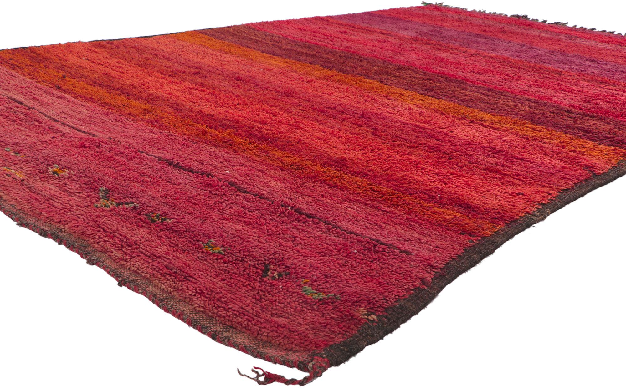 78363 Vintage Red Moroccan rug Beni Mrirt Carpet 06'07 x 10'07. Reflecting facets of Mark Rothko and color blocking, this vintage Moroccan rug is burrsting with chromatic brilliancy and emotional energy. The Viva Magenta striations and strong waves