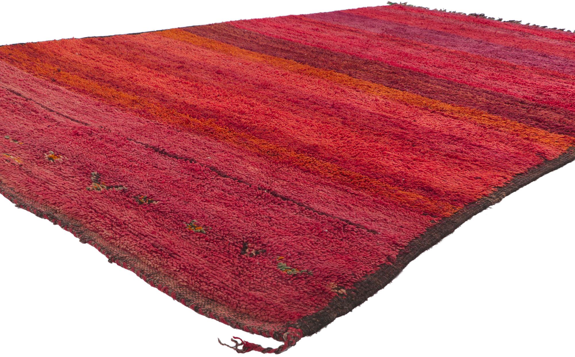 78363 Vintage Red Moroccan Rug Beni Mrirt Carpet 06'07 x 10'07. This hand-knotted wool vintage Beni Mrirt Moroccan rug captivates with its vibrant intensity and profound expression, reminiscent of the works of Mark Rothko and the art of color