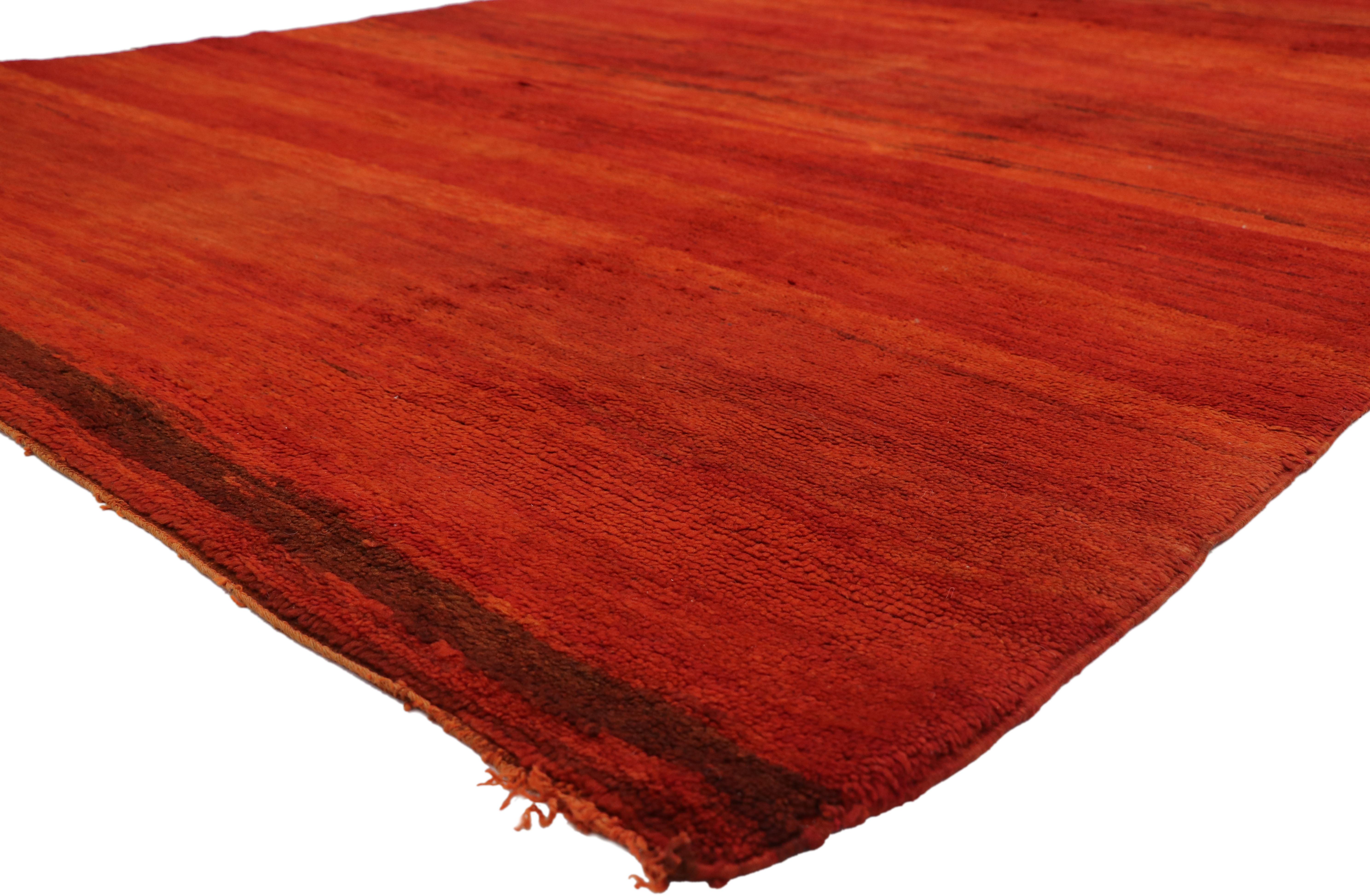 20894, vintage red Beni Mrirt Moroccan rug with Modern style Inspired by Mark Rothko. Featuring a luminous fiery glow, rich waves of abrash, and luxury underfoot, this hand knotted wool vintage Moroccan red Beni Mrirt rug draws inspiration from Mark