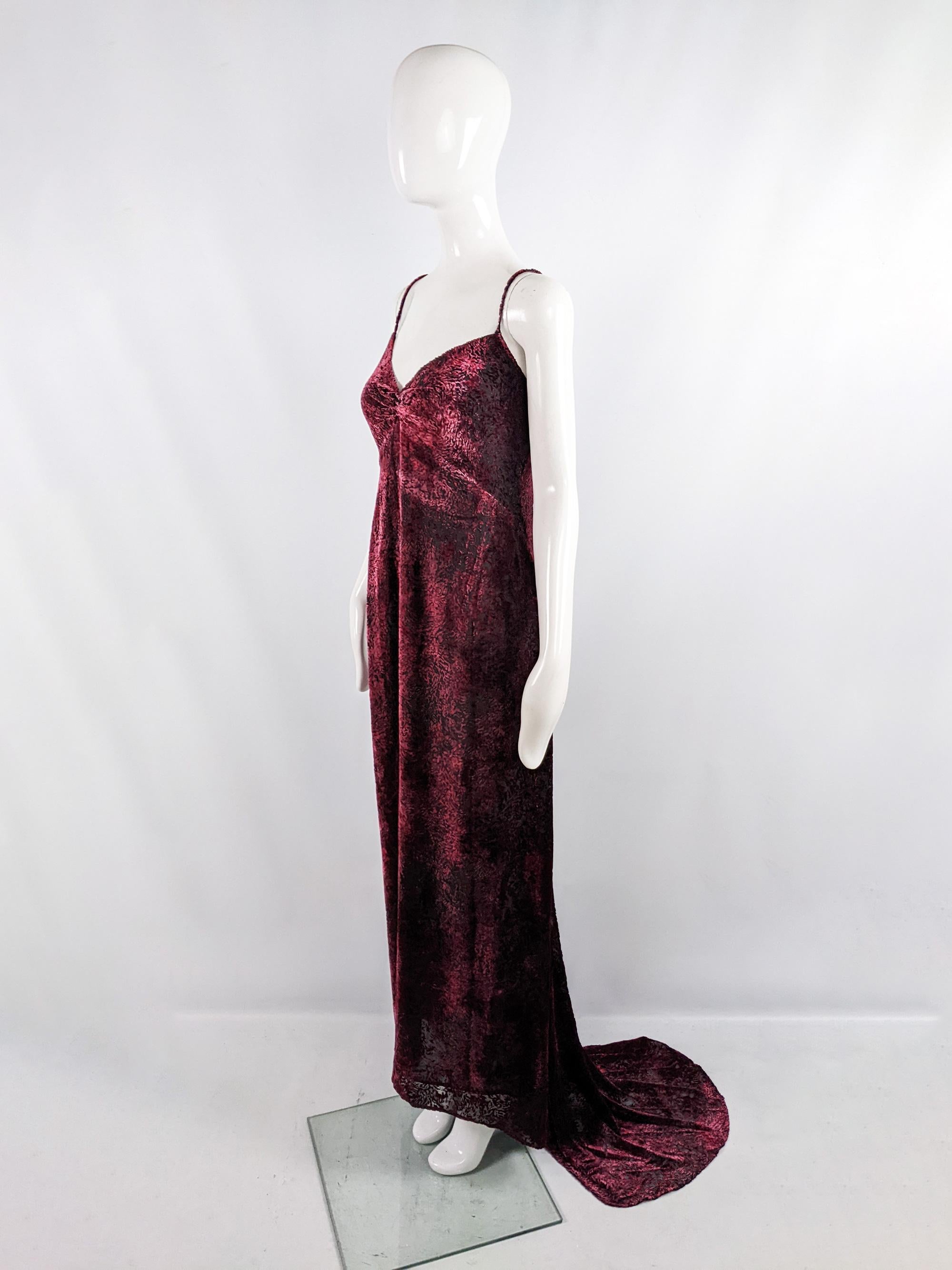Women's Vintage Red & Black Silk Devore Burnout Velvet Floor Length Evening Gown Dress For Sale