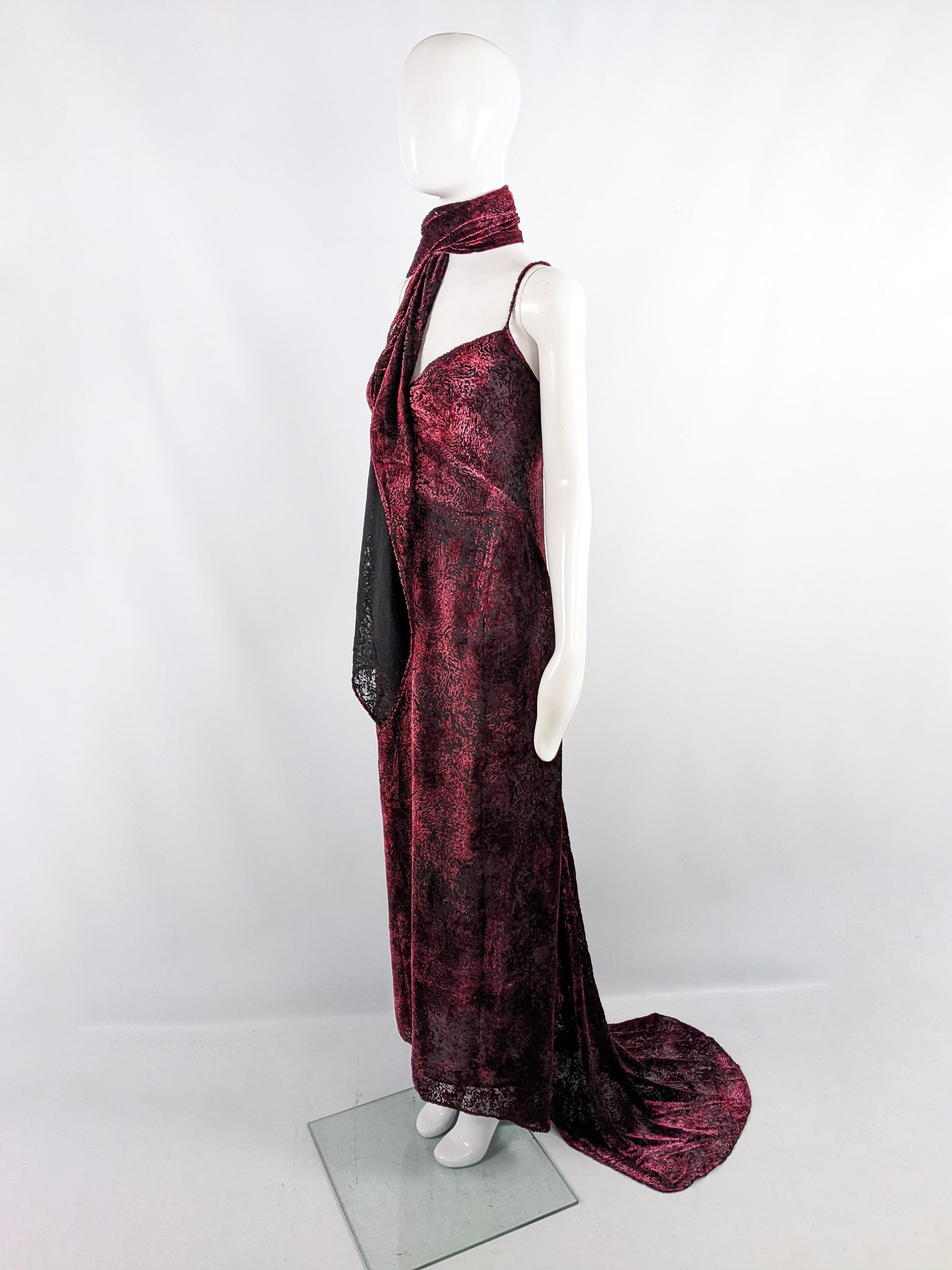 Vintage Red & Black Silk Devore Burnout Velvet Floor Length Evening Gown Dress For Sale 1