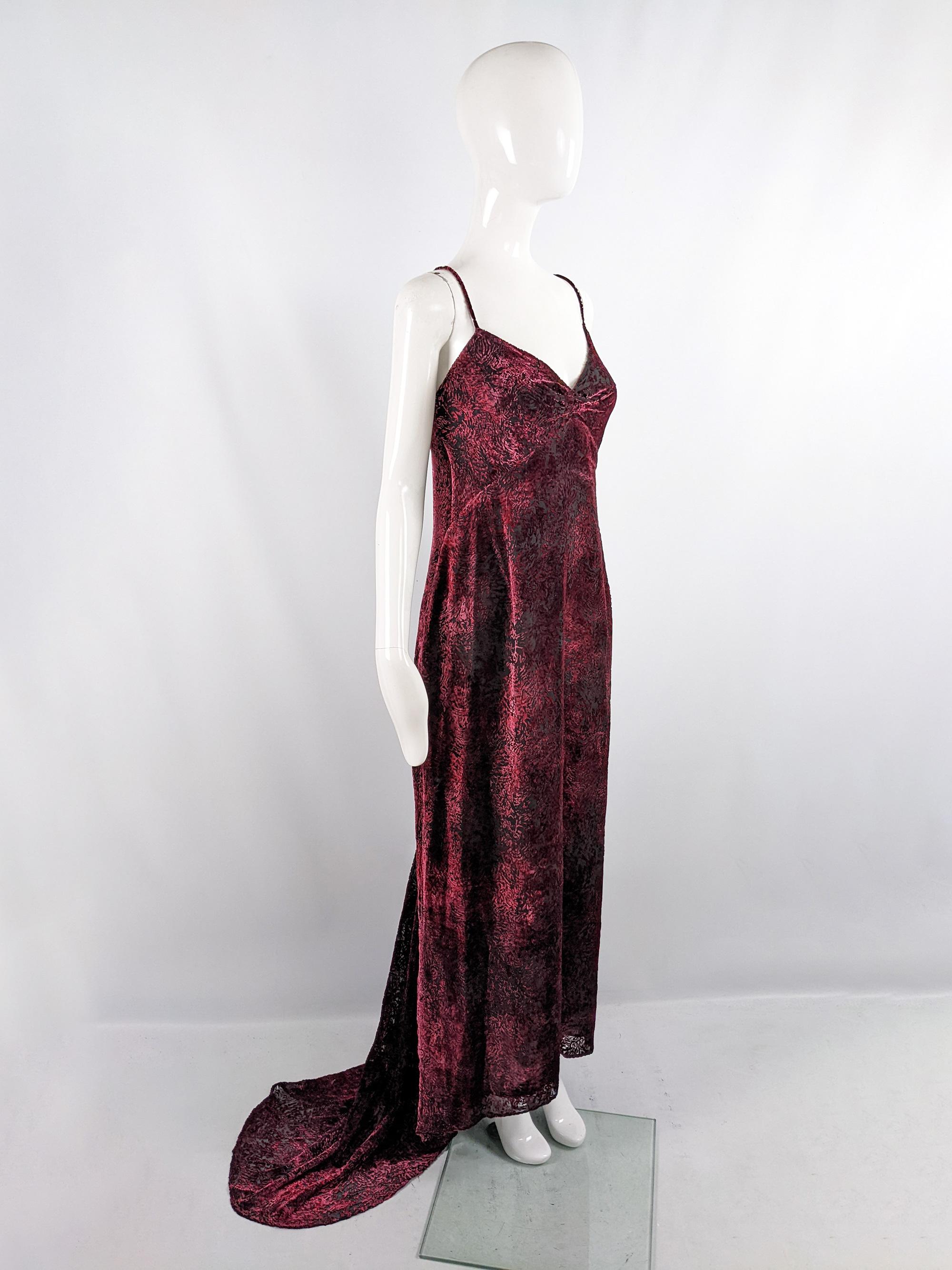 Vintage Red & Black Silk Devore Burnout Velvet Floor Length Evening Gown Dress For Sale 2