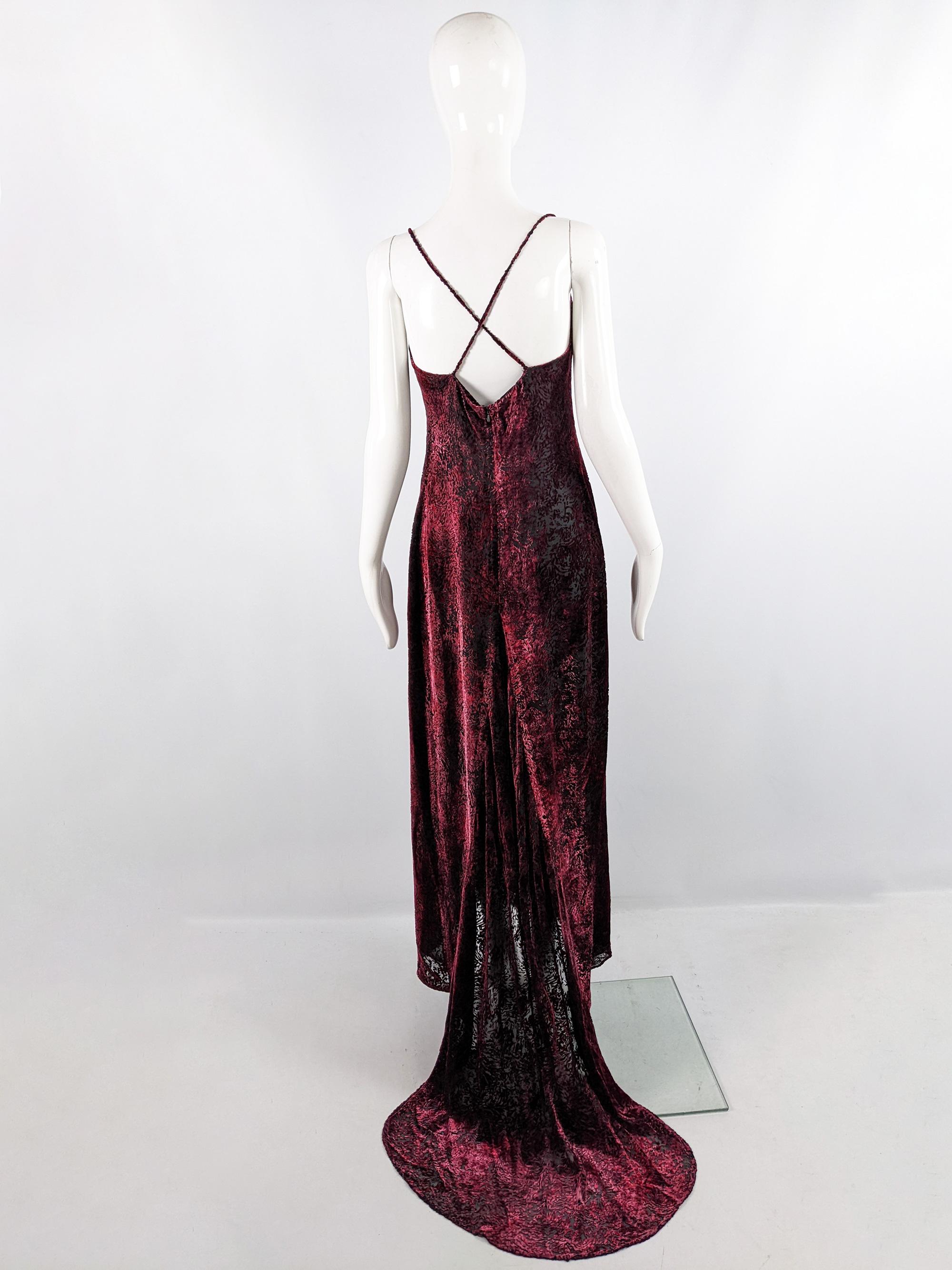 Vintage Red & Black Silk Devore Burnout Velvet Floor Length Evening Gown Dress For Sale 3
