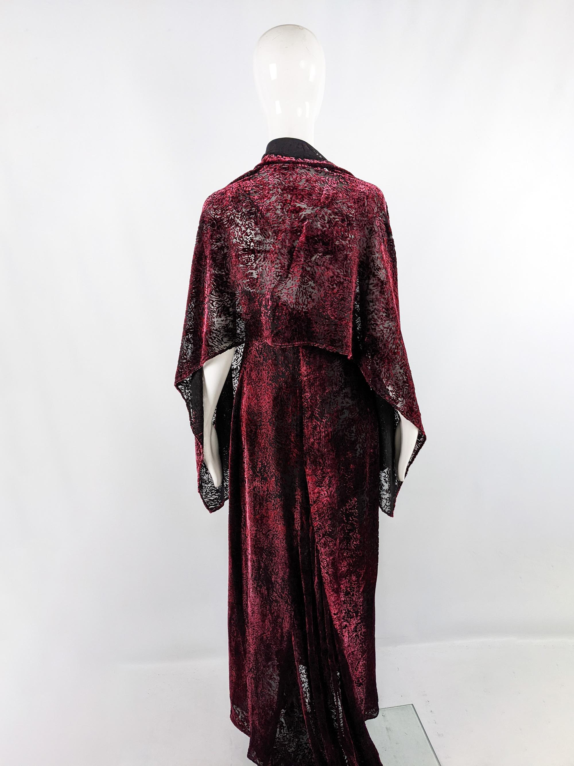 Vintage Red & Black Silk Devore Burnout Velvet Floor Length Evening Gown Dress For Sale 4