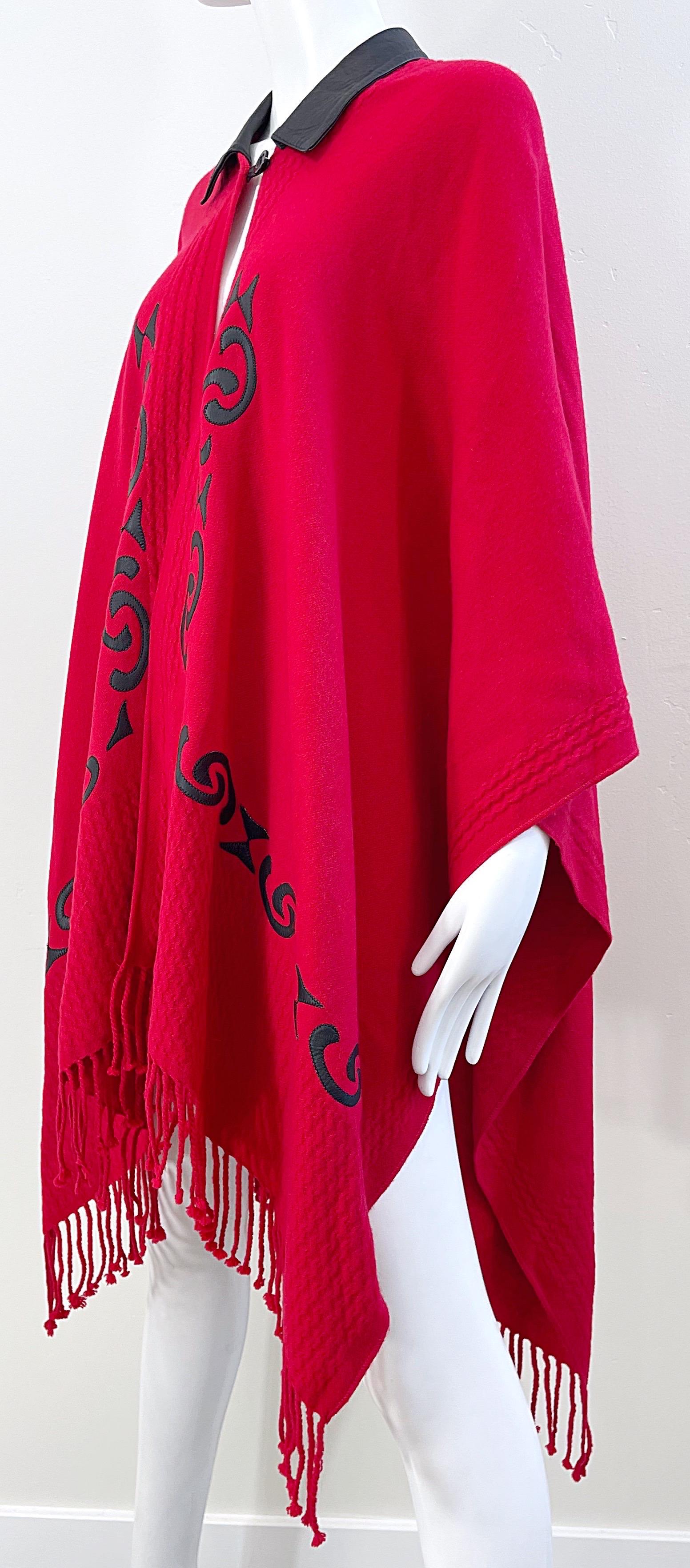 Vintage Red Black Wool + Leather Patchwork Fringe Cape / Poncho For Sale 4