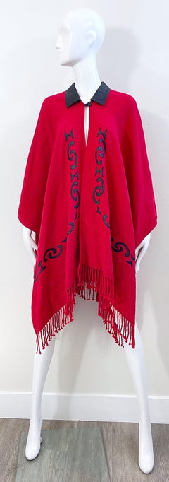 Vintage Red Black Wool + Leather Patchwork Fringe Cape / Poncho