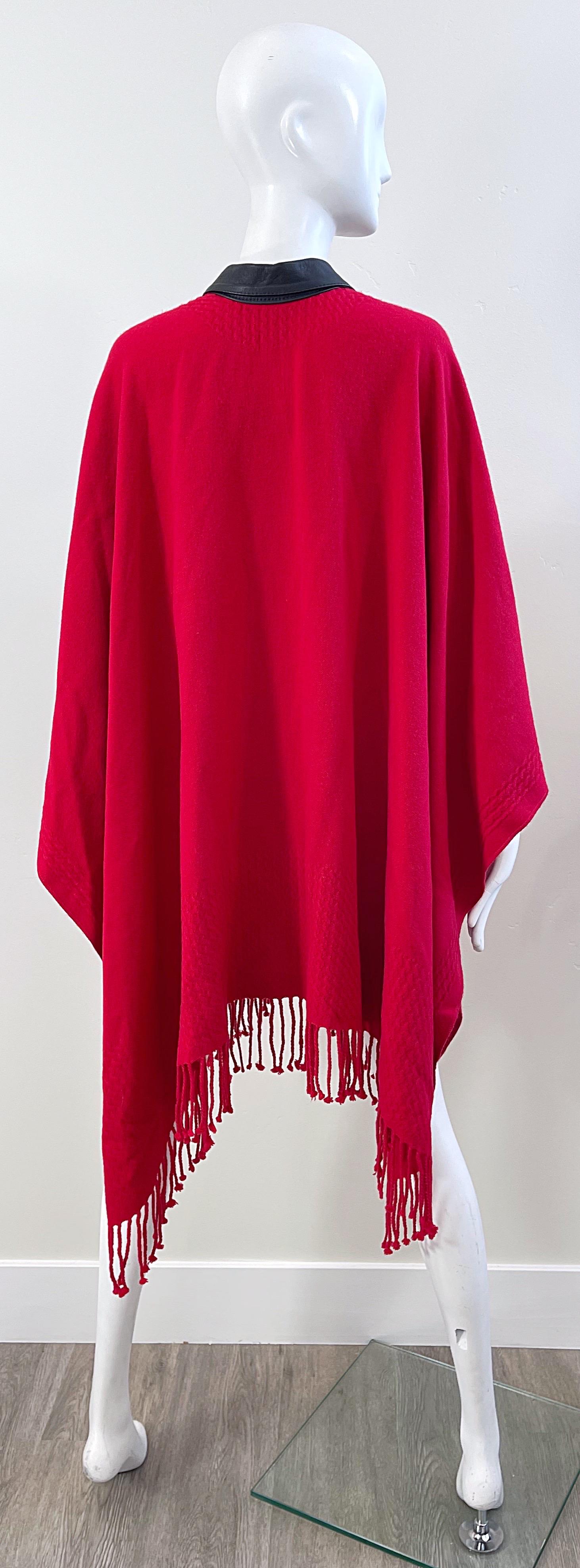 Vintage Red Black Wool + Leather Patchwork Fringe Cape / Poncho  In Excellent Condition For Sale In San Diego, CA