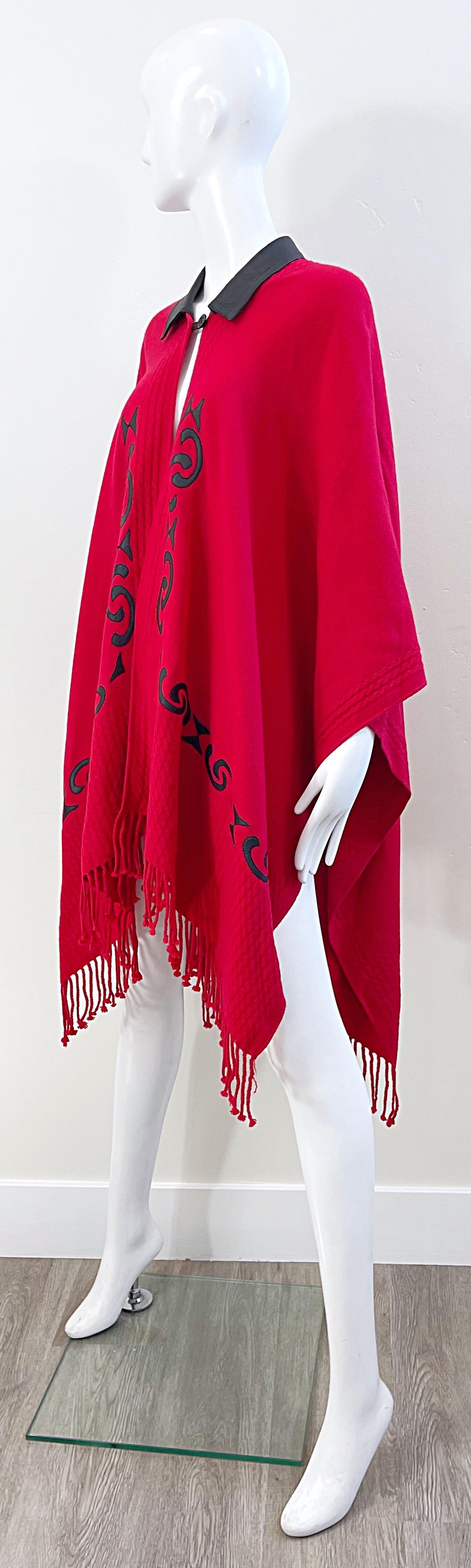 Vintage Red Black Wool + Leather Patchwork Fringe Cape / Poncho For Sale 2