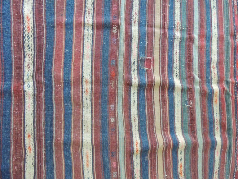 Turkish Vintage Red, Blue, White Stripe Woven Kilim Area Rug For Sale