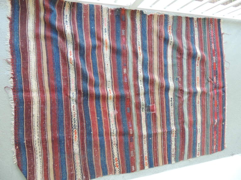 Hand-Crafted Vintage Red, Blue, White Stripe Woven Kilim Area Rug For Sale