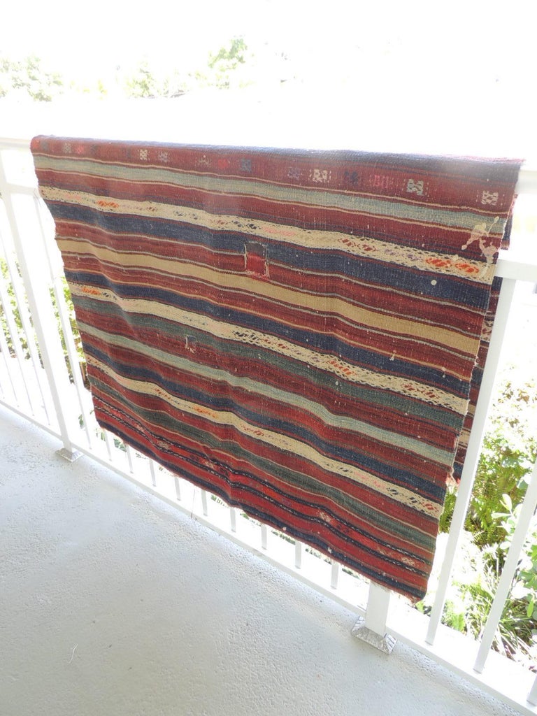 Vintage Red, Blue, White Stripe Woven Kilim Area Rug In Good Condition For Sale In Oakland Park, FL