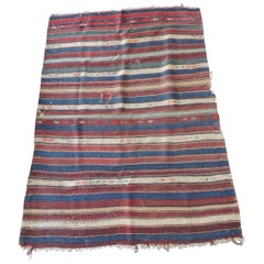 Vintage Red, Blue, White Stripe Woven Kilim Area Rug