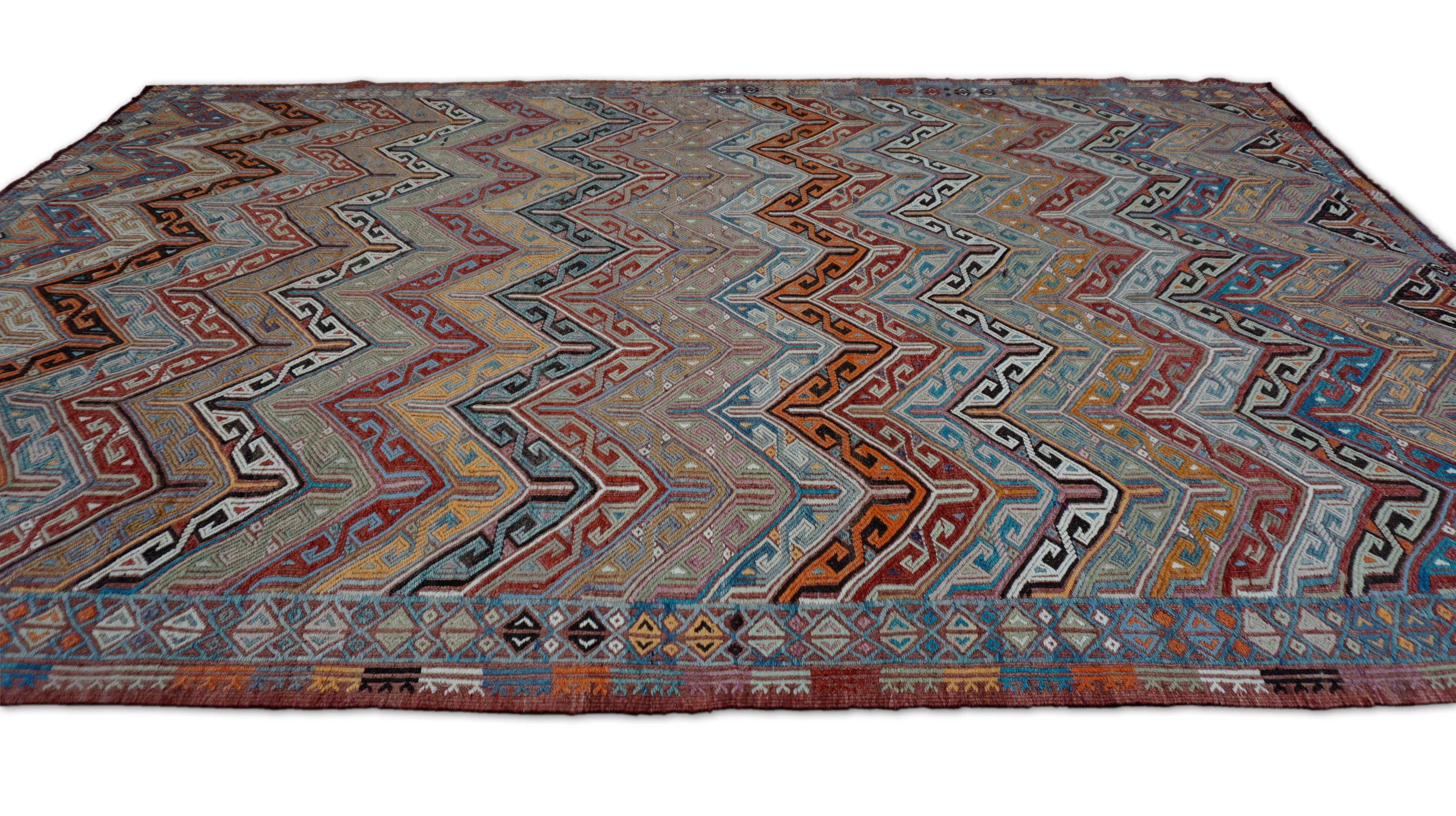 Turkish Vintage Red Blue Zigzag Chevron Çumra Wool Kilim 6'3''x9'9'' For Sale