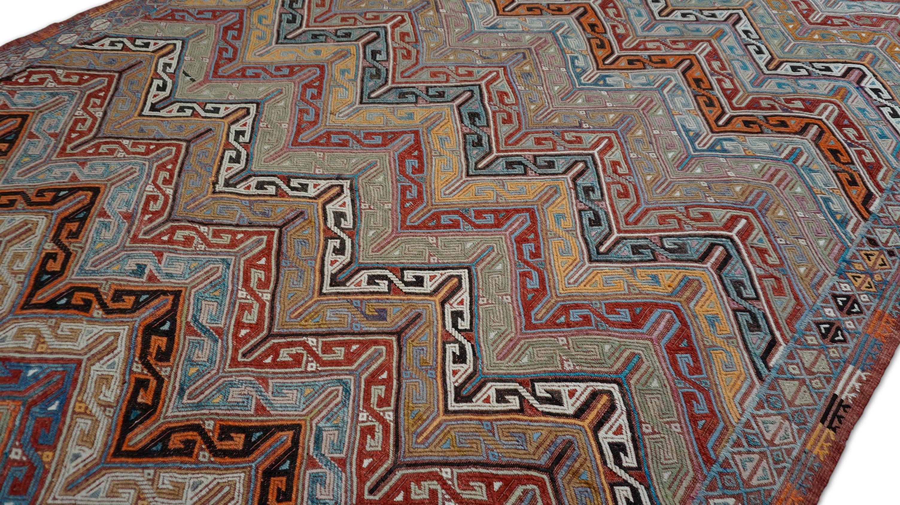 Hand-Woven Vintage Red Blue Zigzag Chevron Çumra Wool Kilim 6'3''x9'9'' For Sale