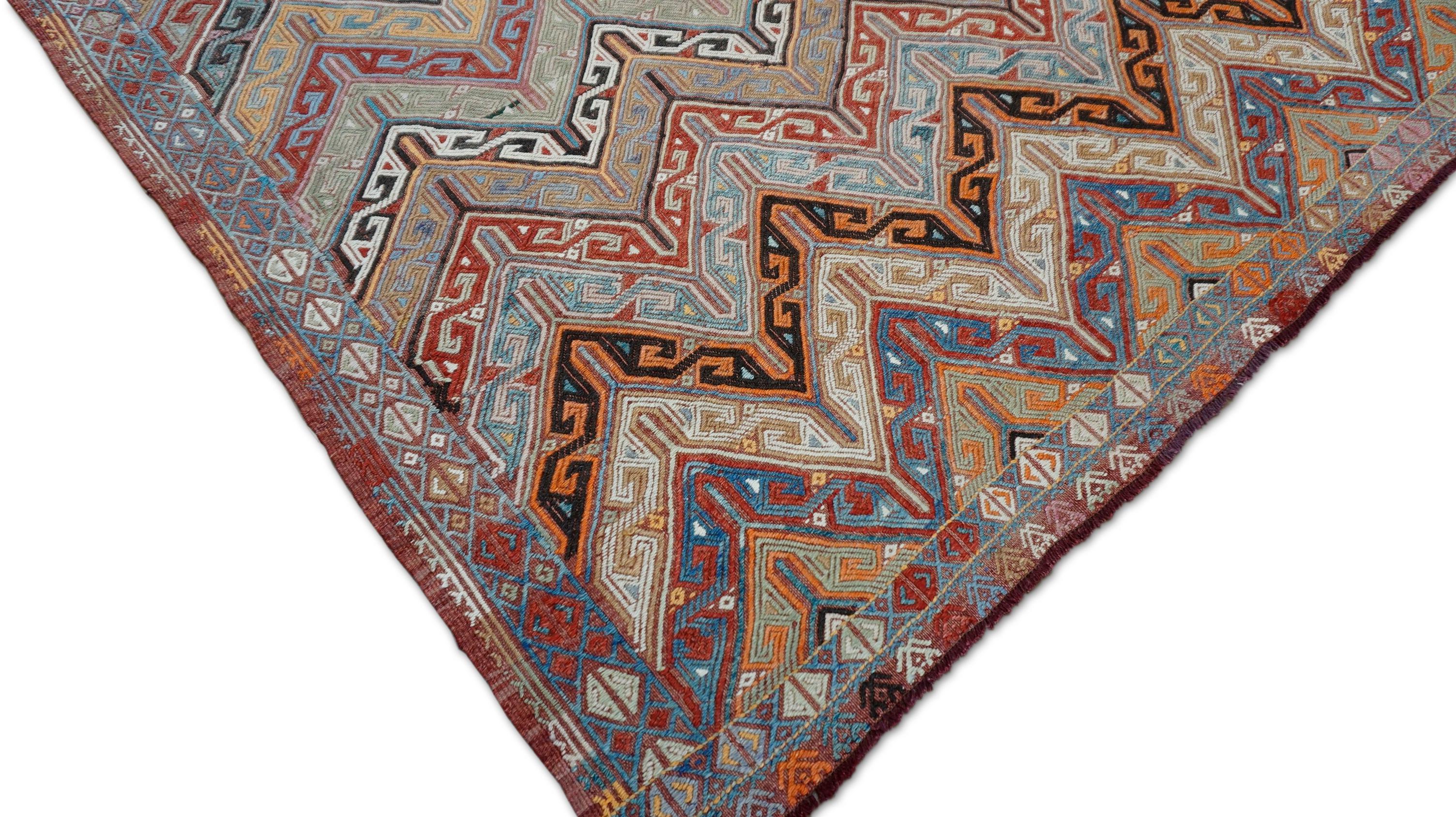 20th Century Vintage Red Blue Zigzag Chevron Çumra Wool Kilim 6'3''x9'9'' For Sale