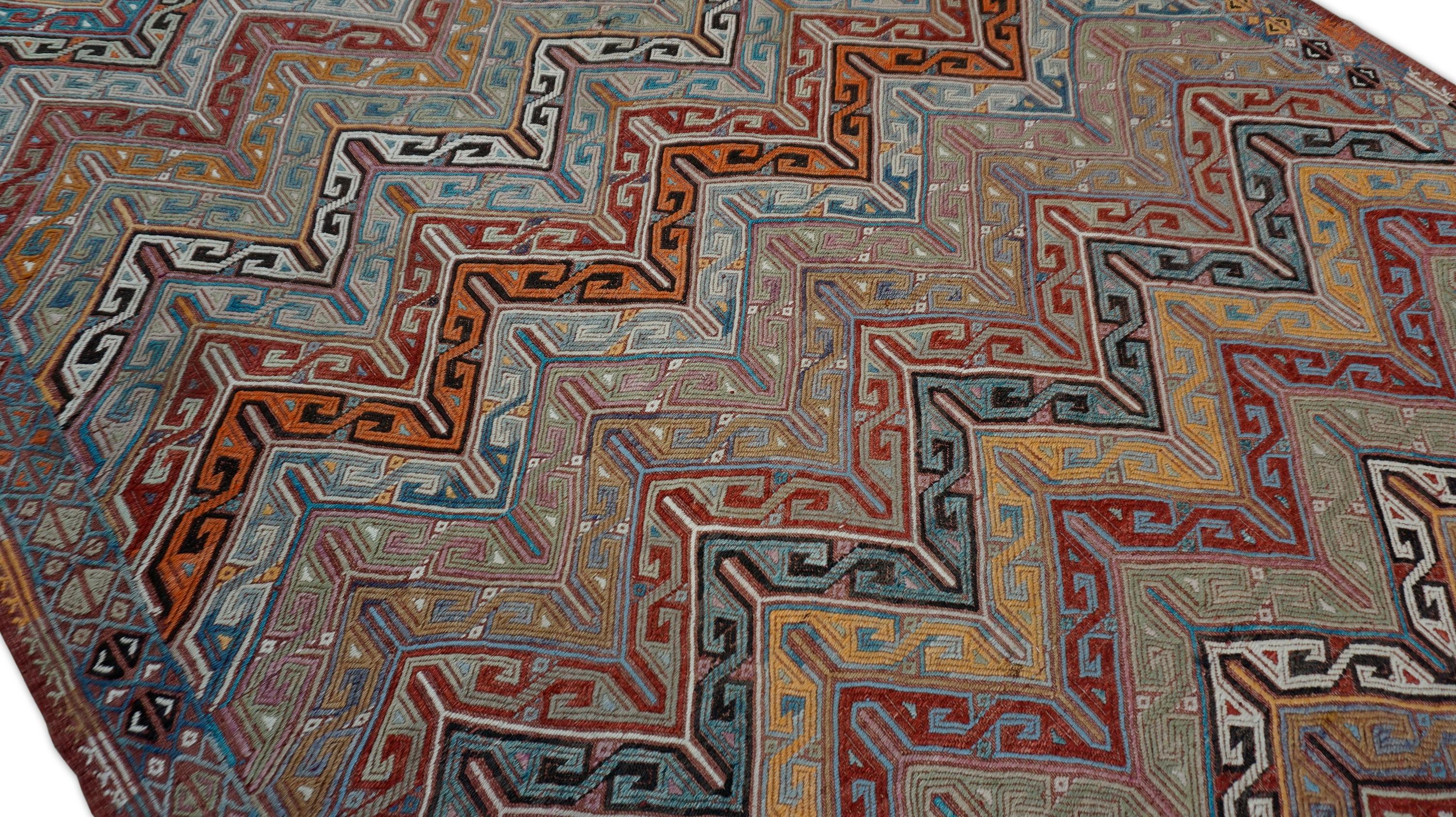 Vintage Red Blue Zigzag Chevron Çumra Wool Kilim 6'3''x9'9'' For Sale 1