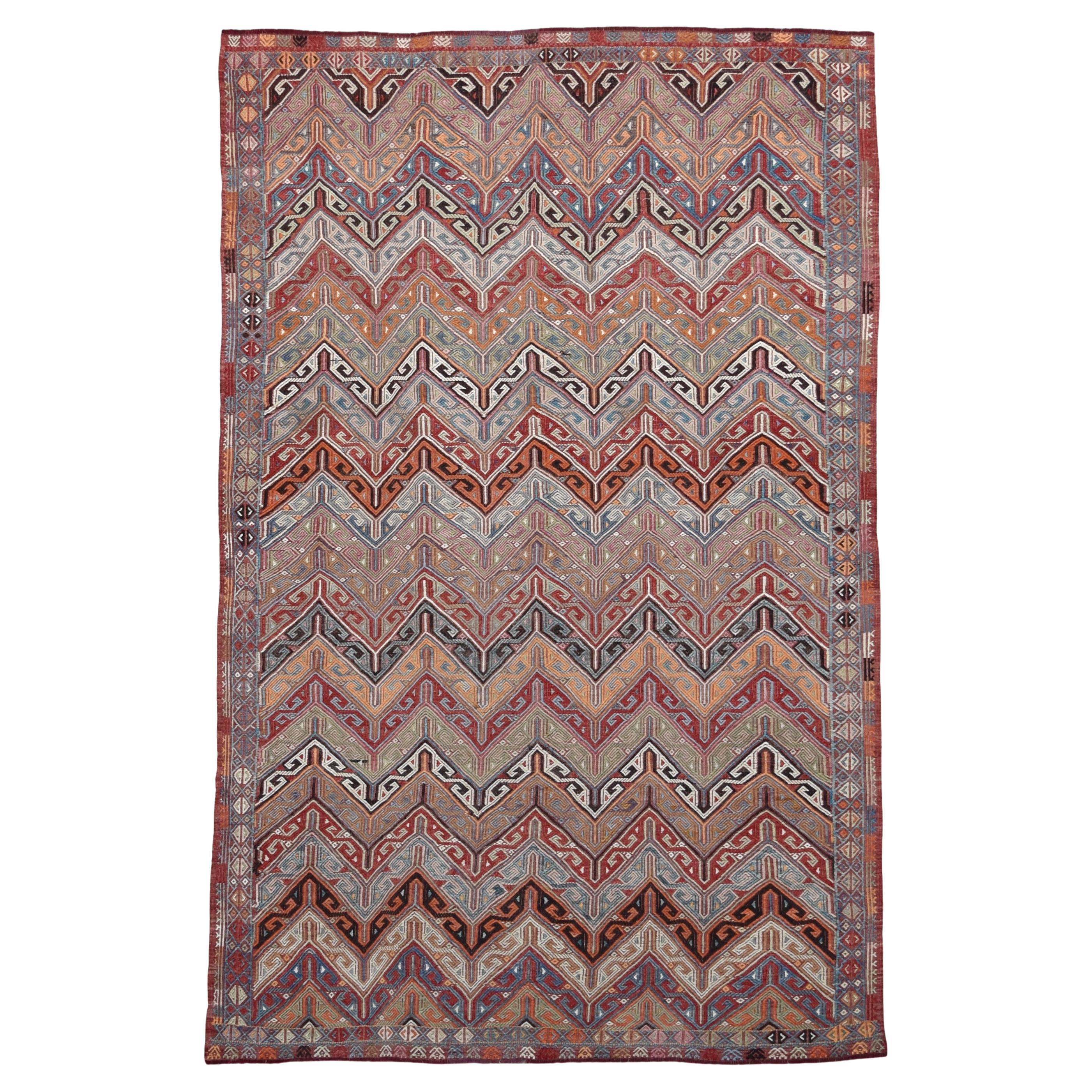 Vintage Red Blue Zigzag Chevron Çumra Wool Kilim 6'3''x9'9'' For Sale
