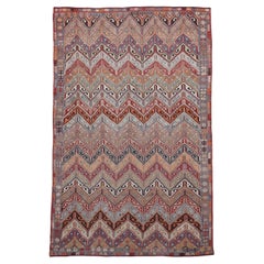 Kilim de lana Çumra rojo azul zigzag vintage 6'3''x9'9''