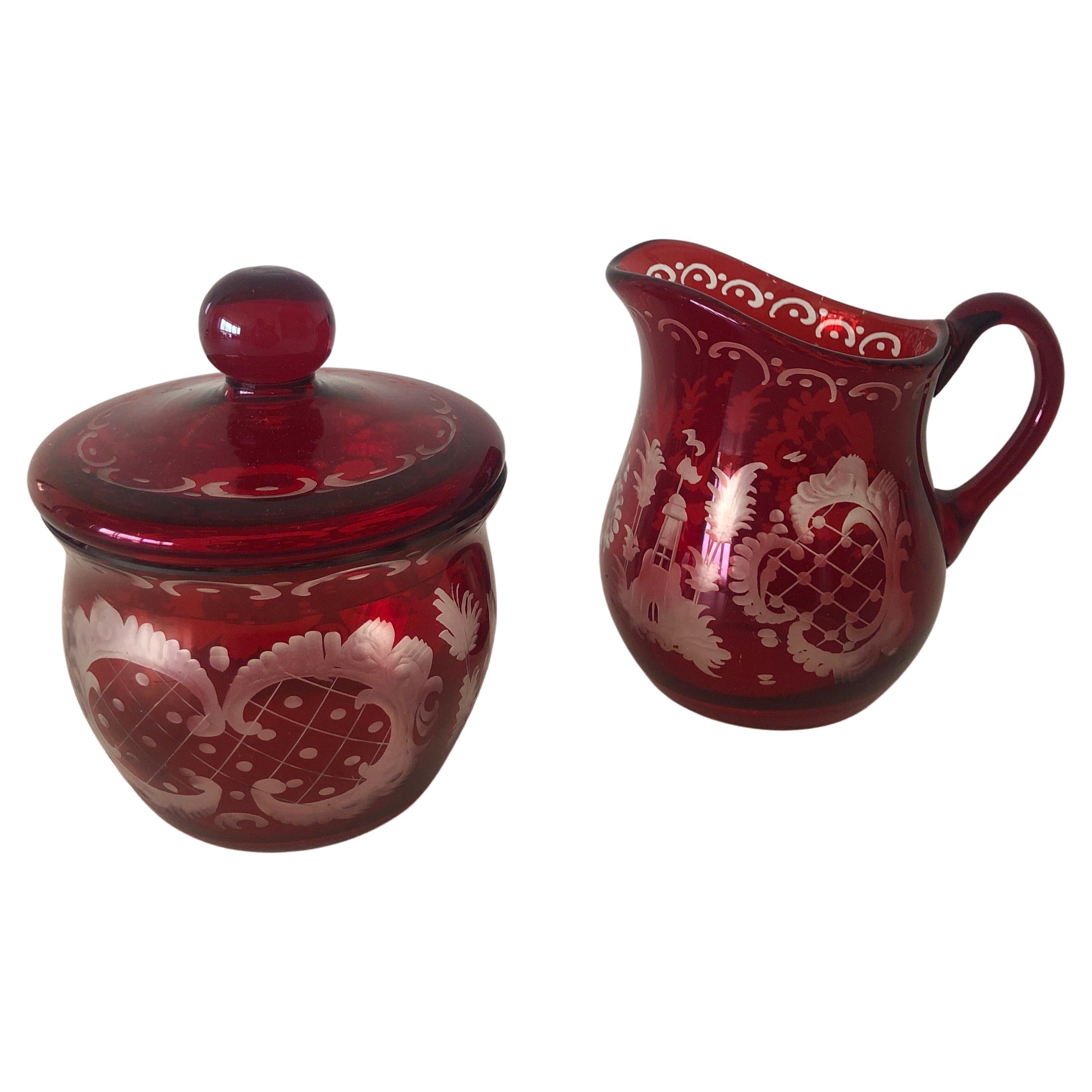Vintage Red Bohemian Glass Set of Sugar and Creamer Glass with Lid