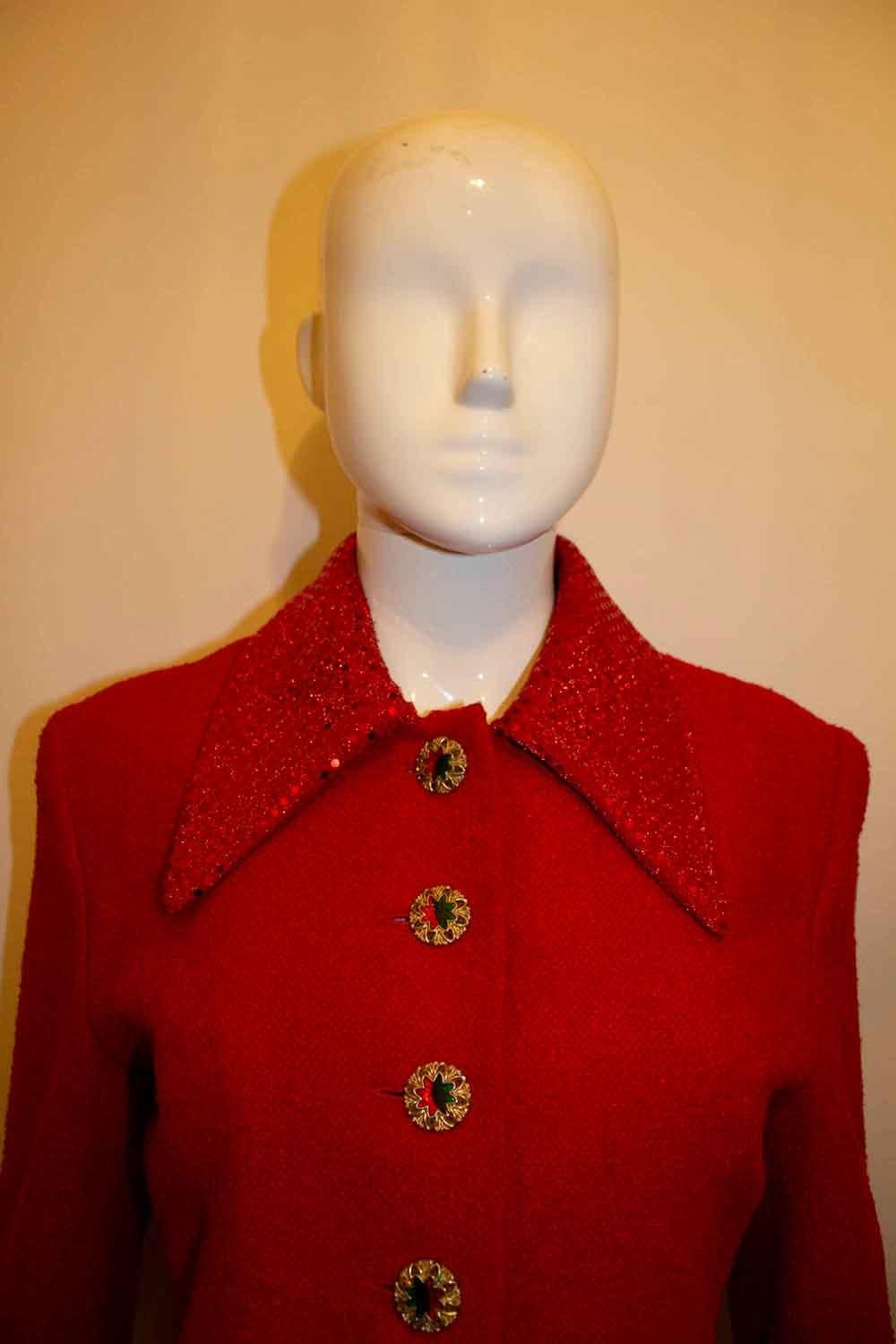 Vintage Red Boucle Jacket with Sequin Collar For Sale 1