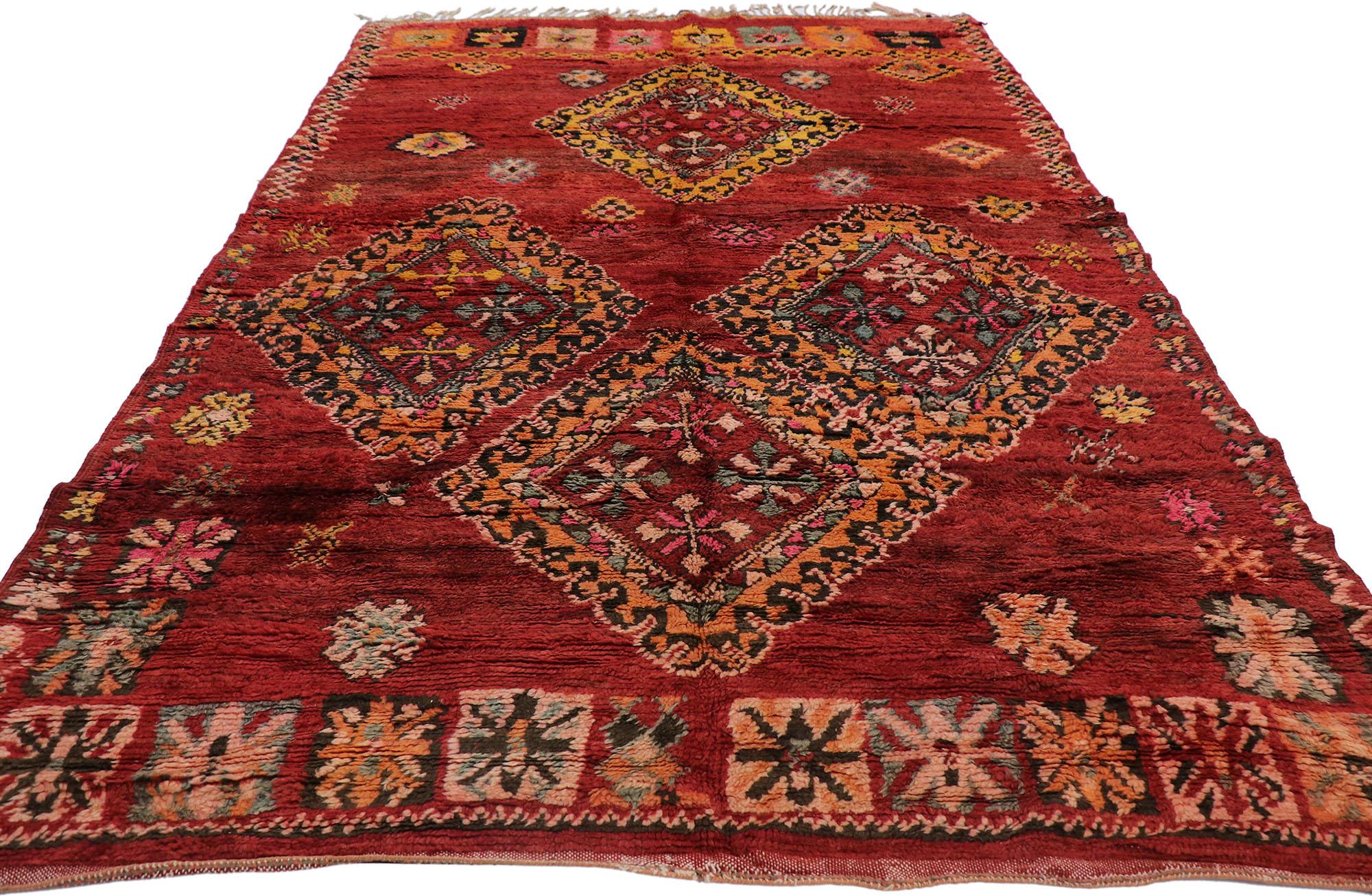 Bohemian Vintage Red Boujad Moroccan Rug, Boho Jungalow Meets Nomadic Charm For Sale