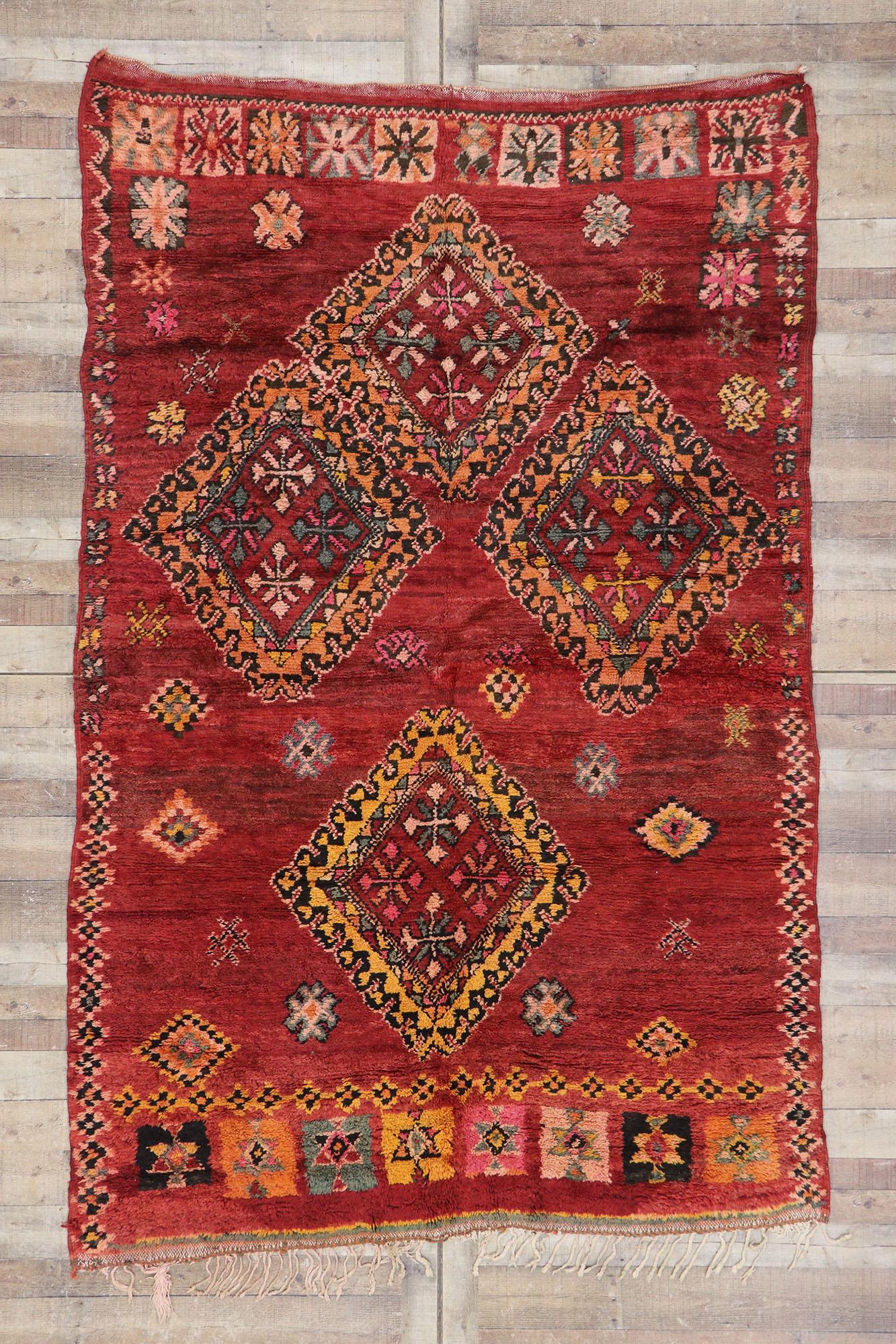 Vintage Red Boujad Moroccan Rug, Boho Jungalow Meets Nomadic Charm For Sale 1