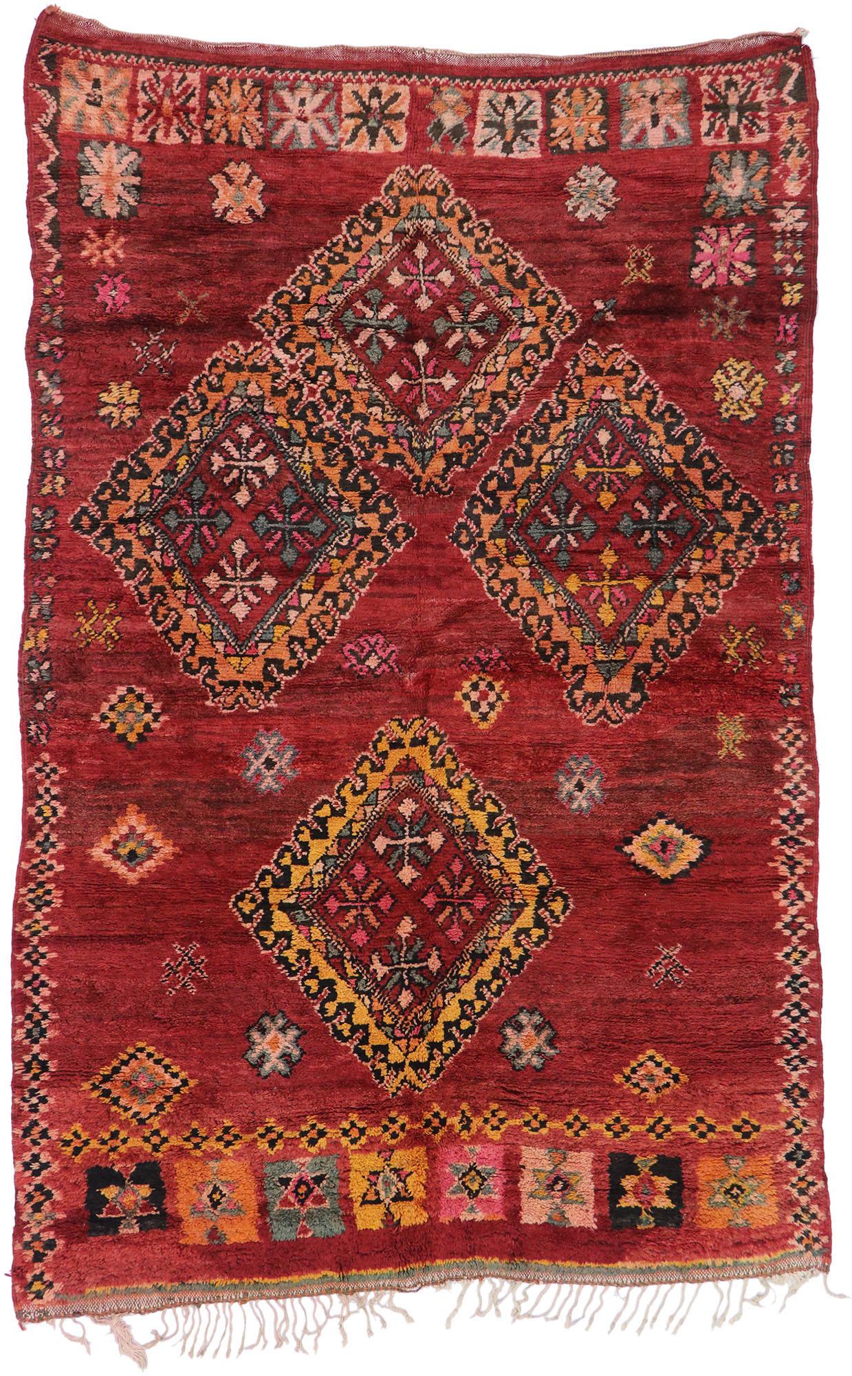 Vintage Red Boujad Moroccan Rug, Boho Jungalow Meets Nomadic Charm For Sale 2