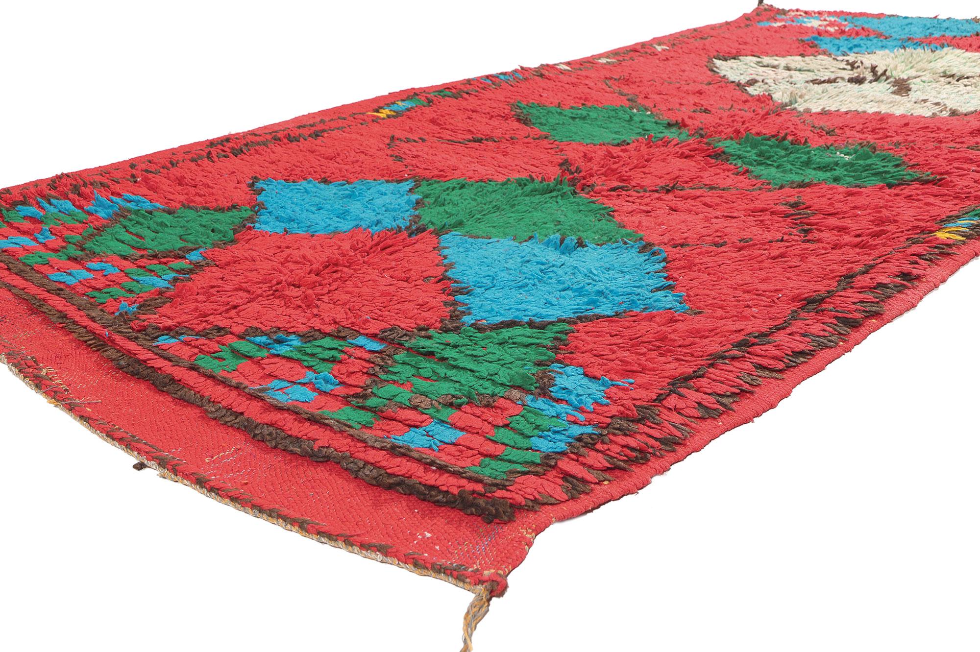 20029 Vintage Red Boujad Moroccan Rug, 04'00 x 08'02. Cozy nomad meets tribal style in this hand knotted wool vintage Moroccan rug. The intrinsic diamond design and energetic color palette woven into this piece work together delivering free-spirited