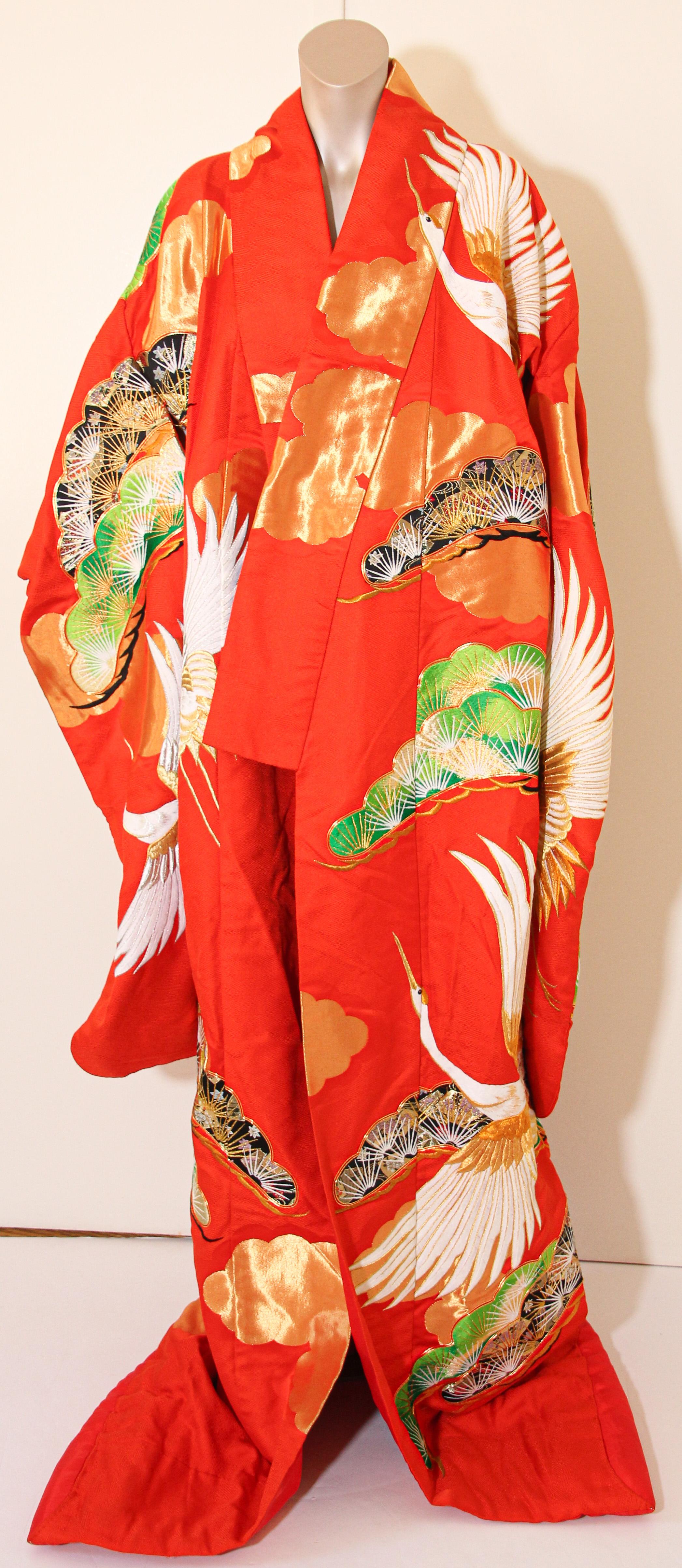 Vintage Red Brocade with Flying Cranes Japanese Ceremonial Kimono 4