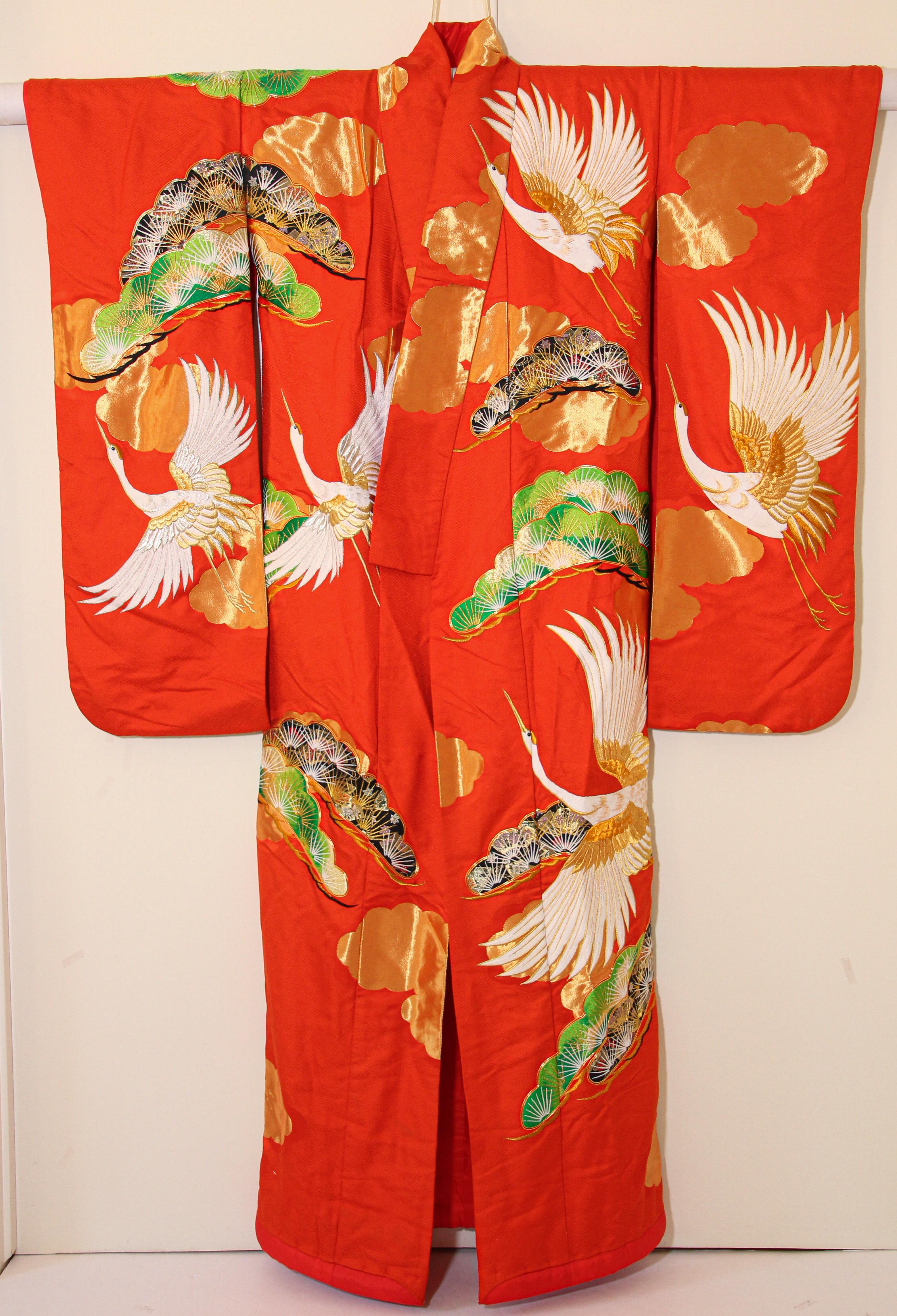 Vintage Red Brocade with Flying Cranes Japanese Ceremonial Kimono 5
