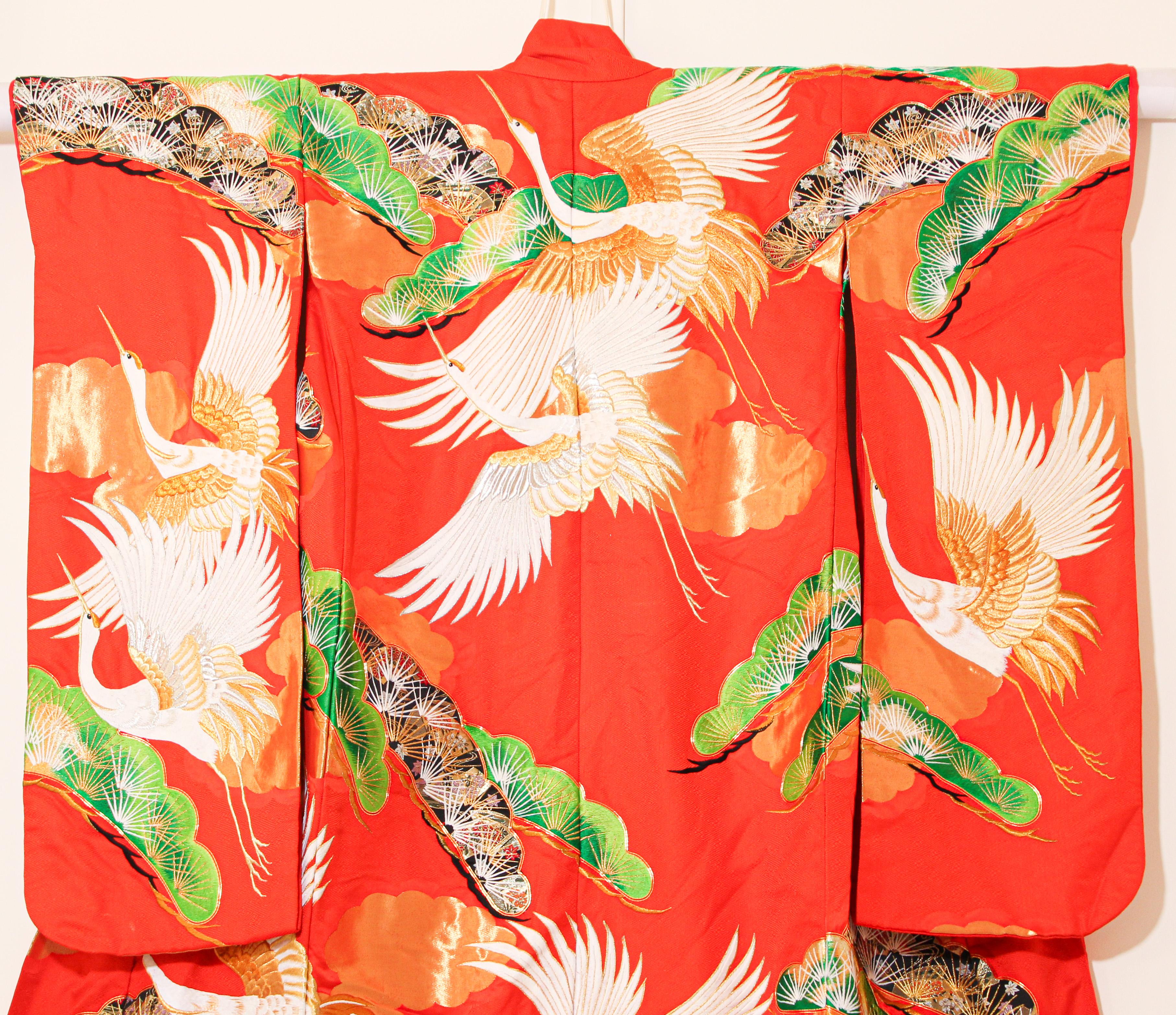 Vintage Red Brocade with Flying Cranes Japanese Ceremonial Kimono 7