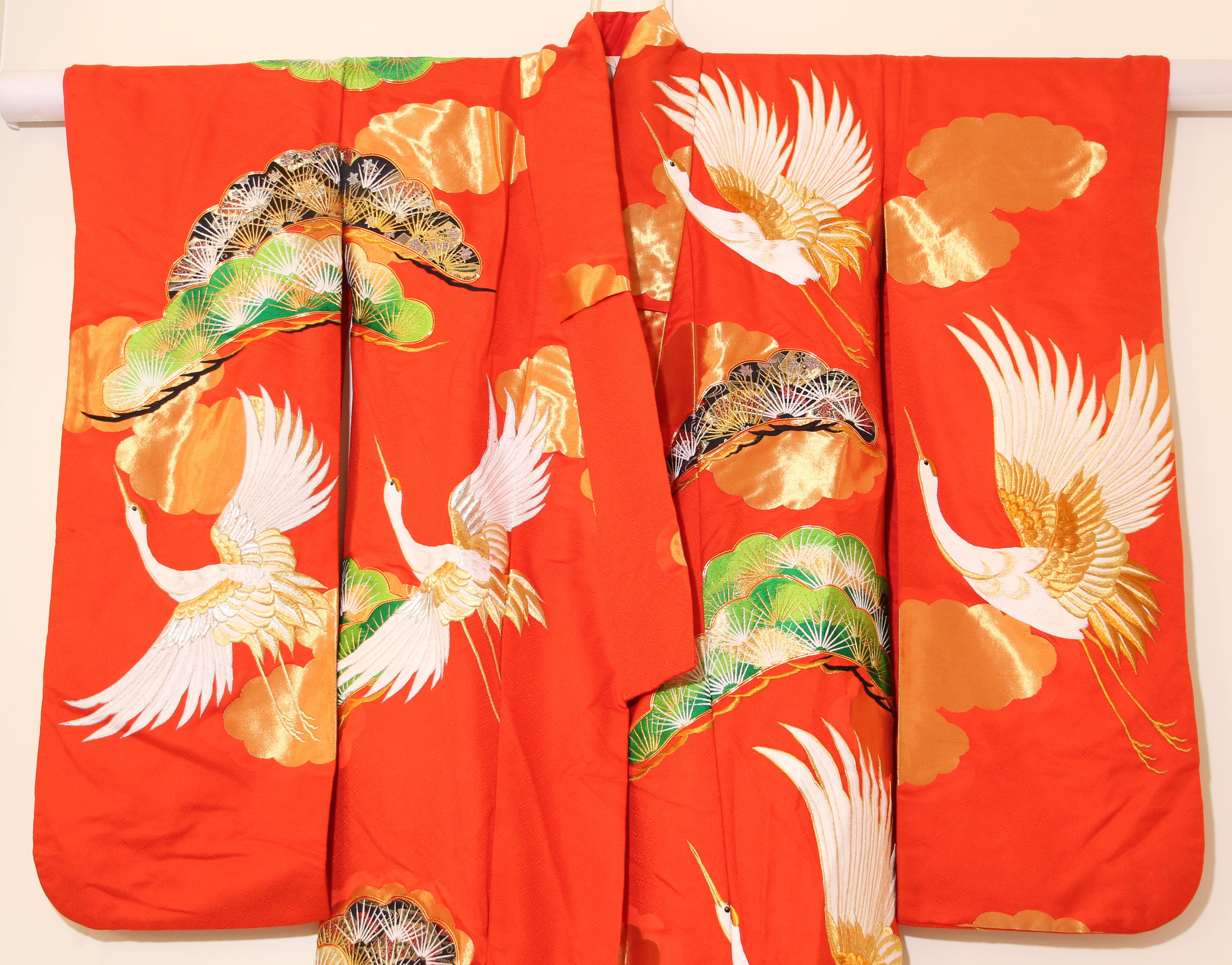 Vintage Red Brocade with Flying Cranes Japanese Ceremonial Kimono 8