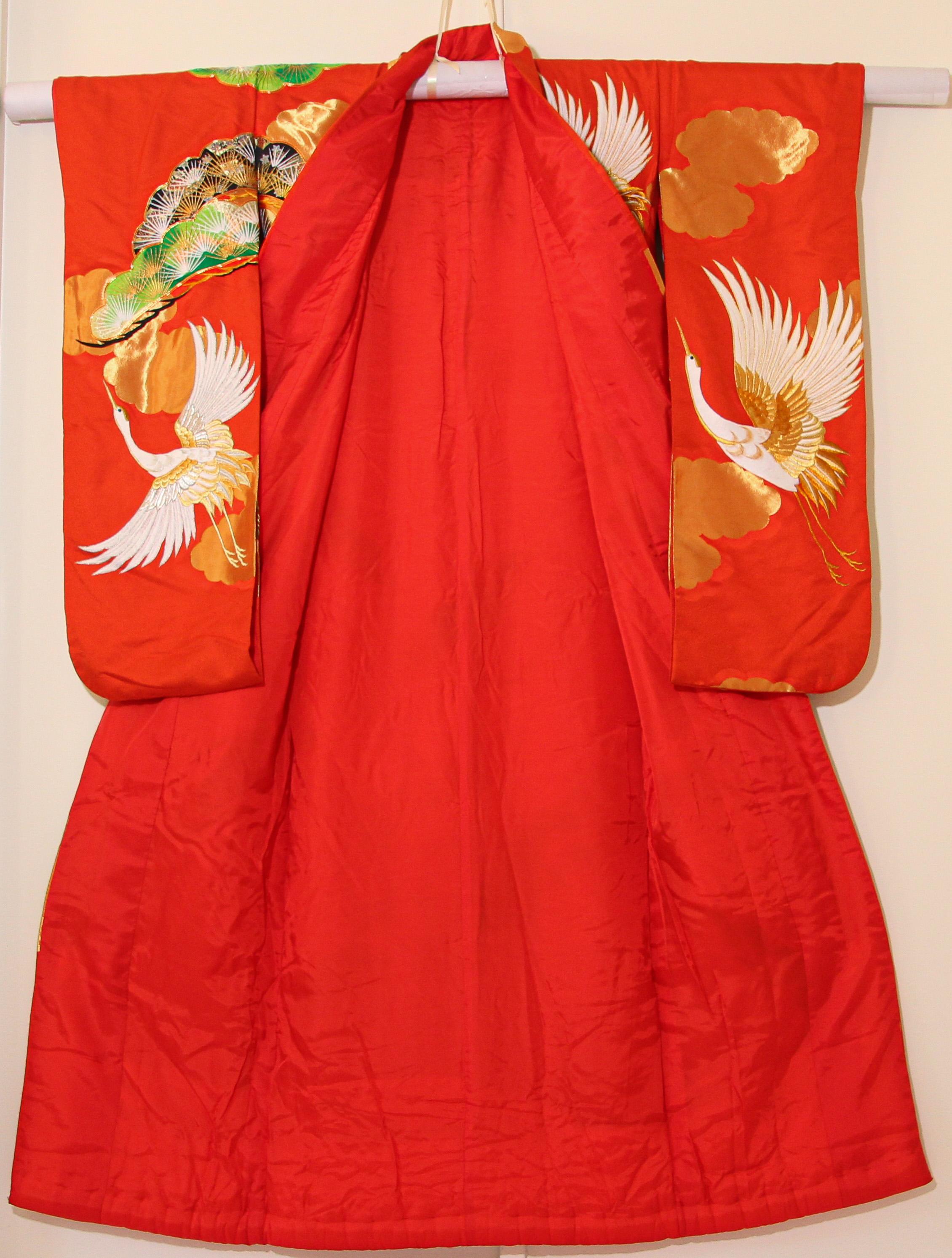 Vintage Red Brocade with Flying Cranes Japanese Ceremonial Kimono 9