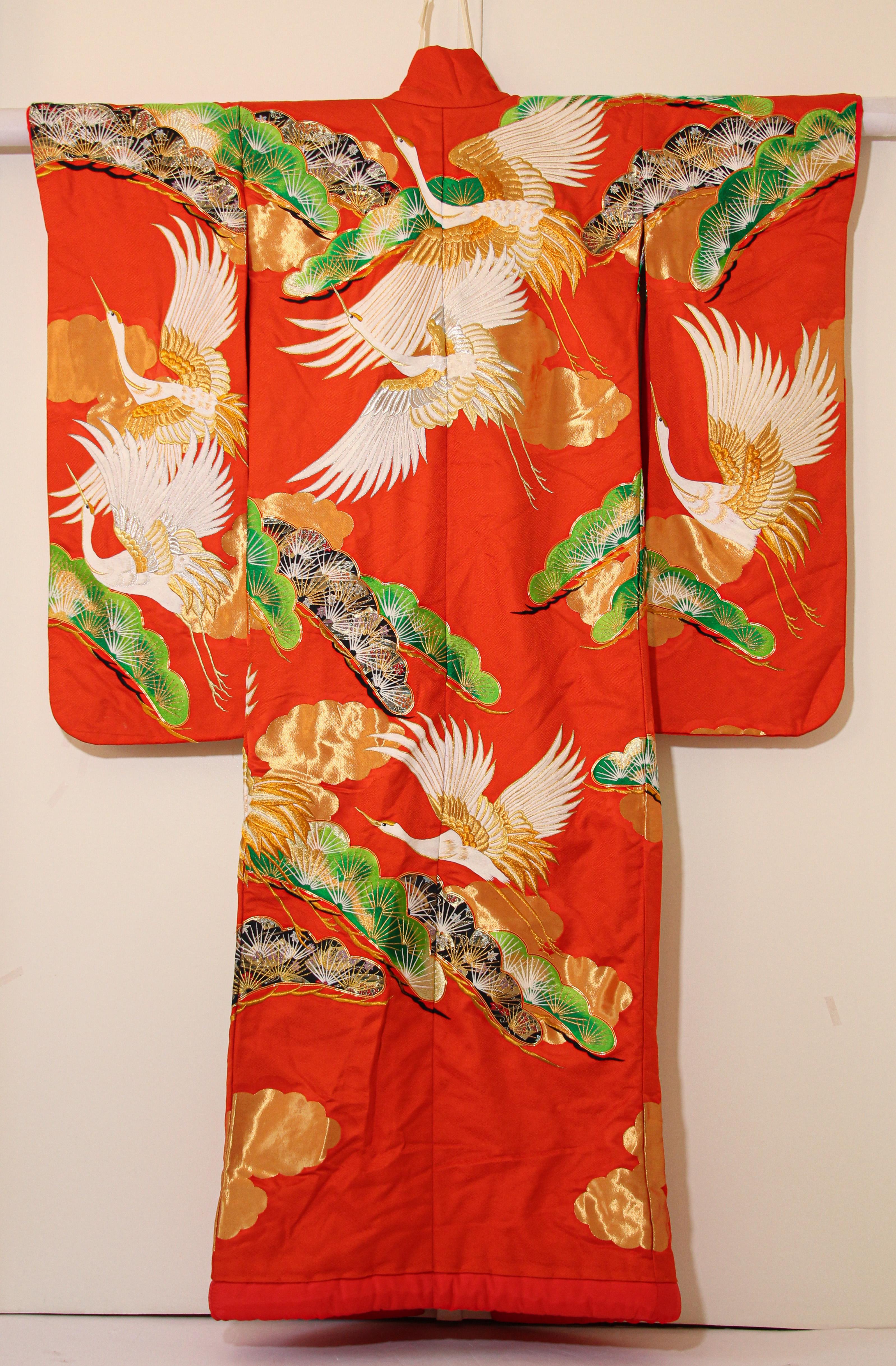 Vintage Red Brocade with Flying Cranes Japanese Ceremonial Kimono 10