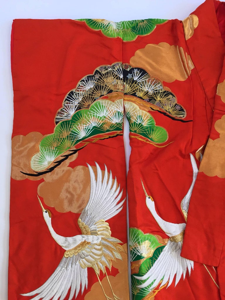 Vintage Red Brocade with Flying Cranes Japanese Ceremonial Kimono For ...
