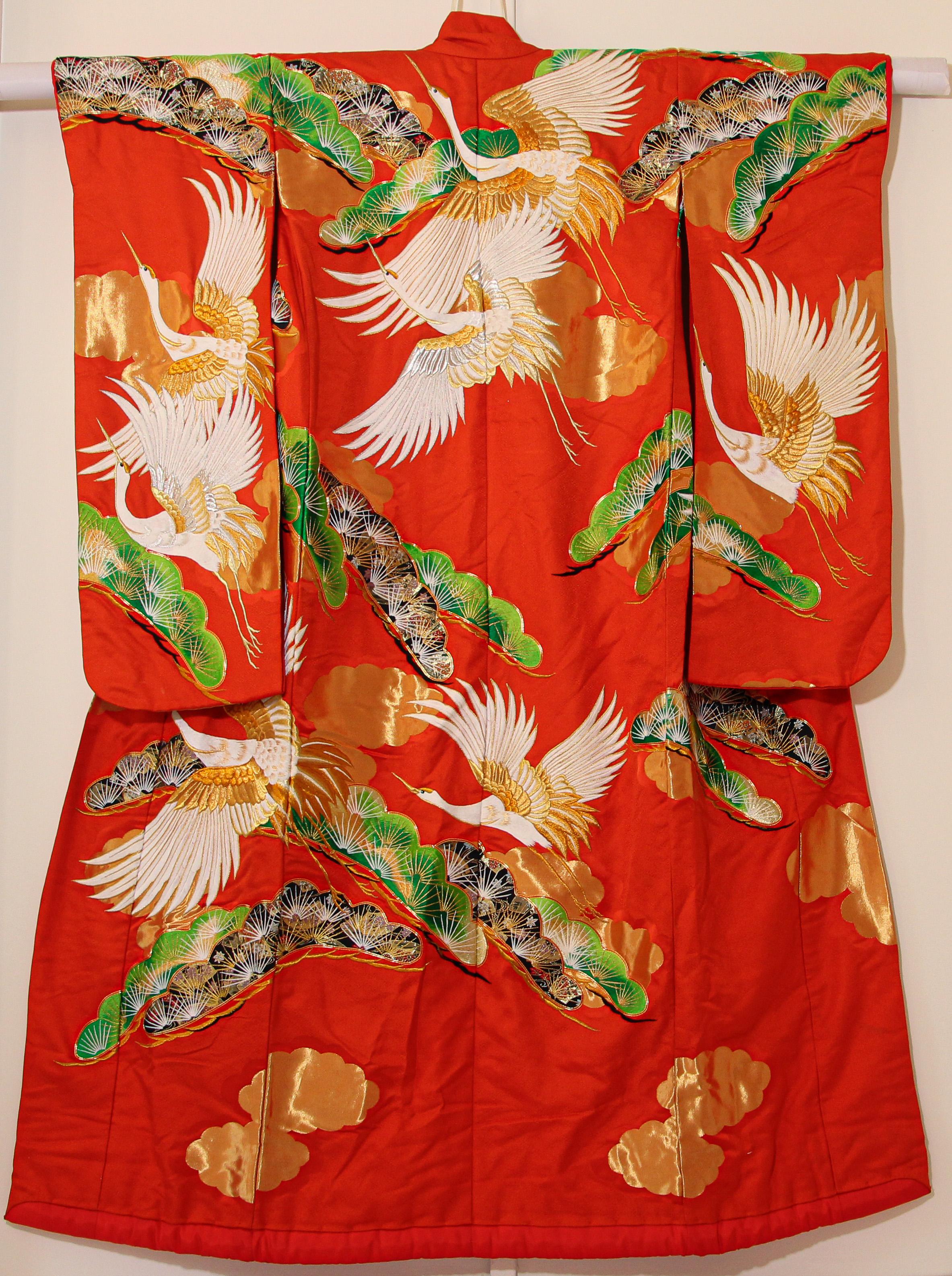 Vintage Red Brocade with Flying Cranes Japanese Ceremonial Kimono at ...