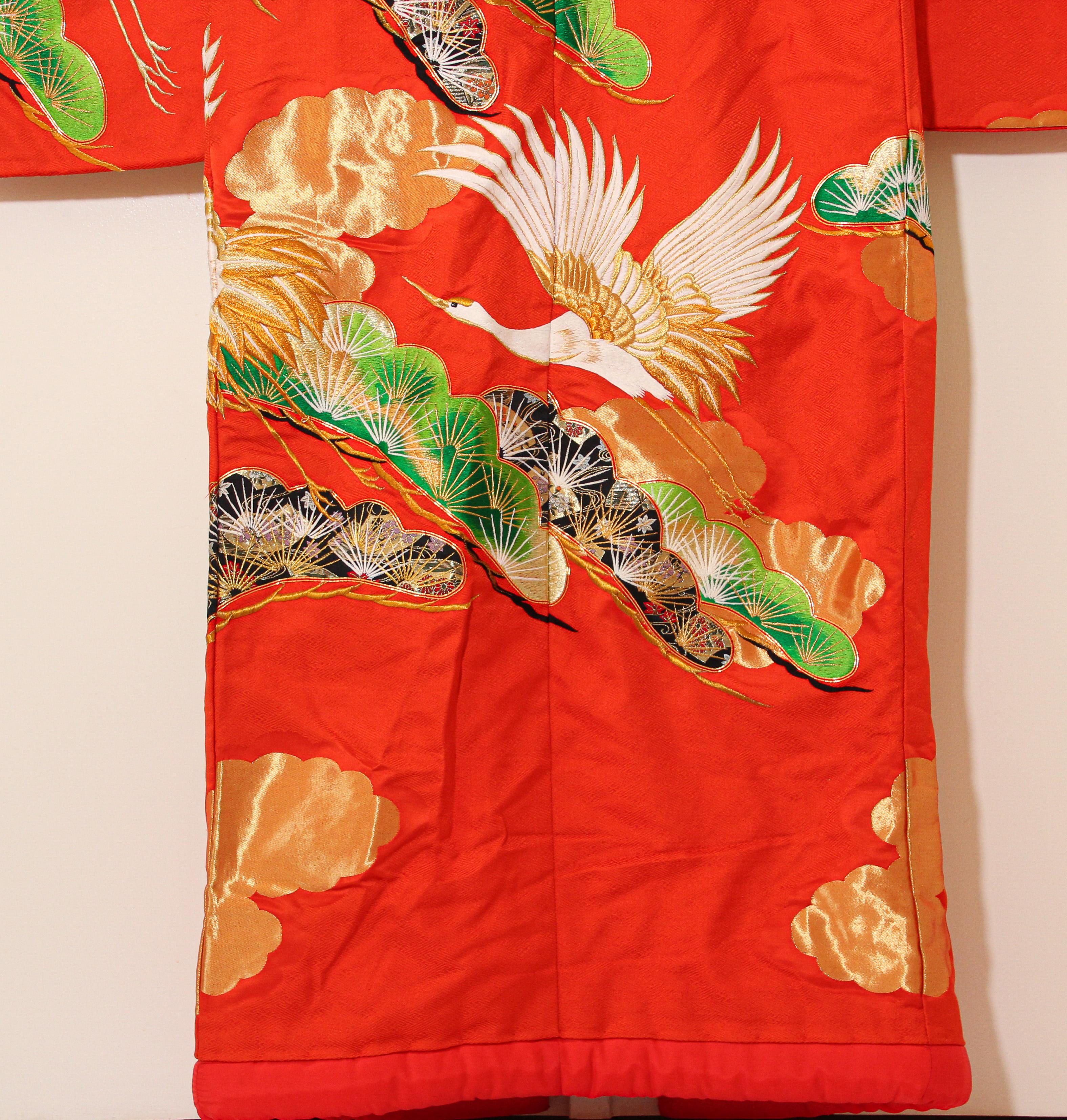 Vintage Red Brocade with Flying Cranes Japanese Ceremonial Kimono 12