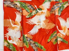 Vintage Red Brocade with Flying Cranes Japanese Ceremonial Kimono
