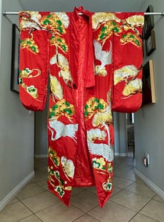 Vintage Red Brocade with Flying Cranes Japanese Ceremonial Kimono