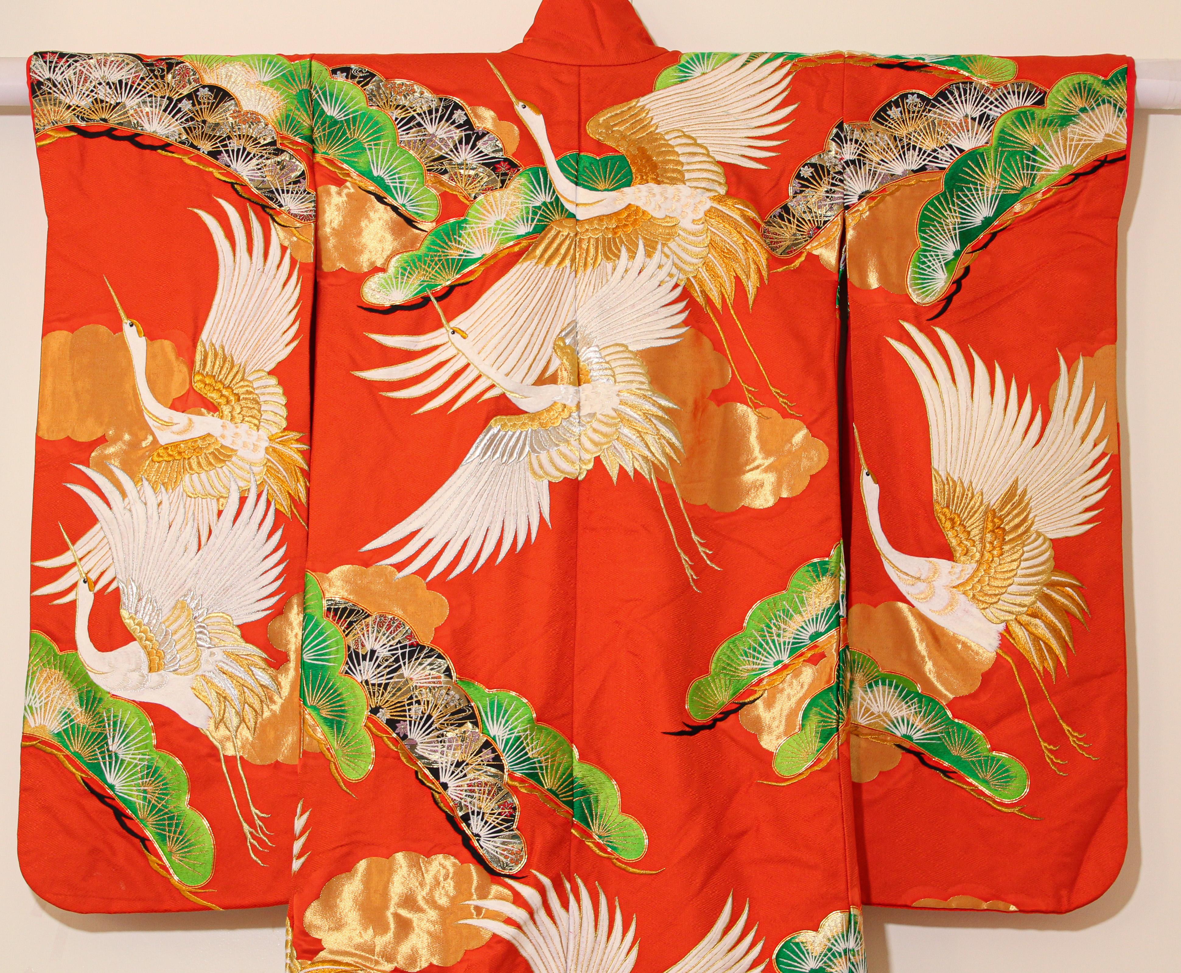 Vintage Red Brocade with Flying Cranes Japanese Ceremonial Kimono 13