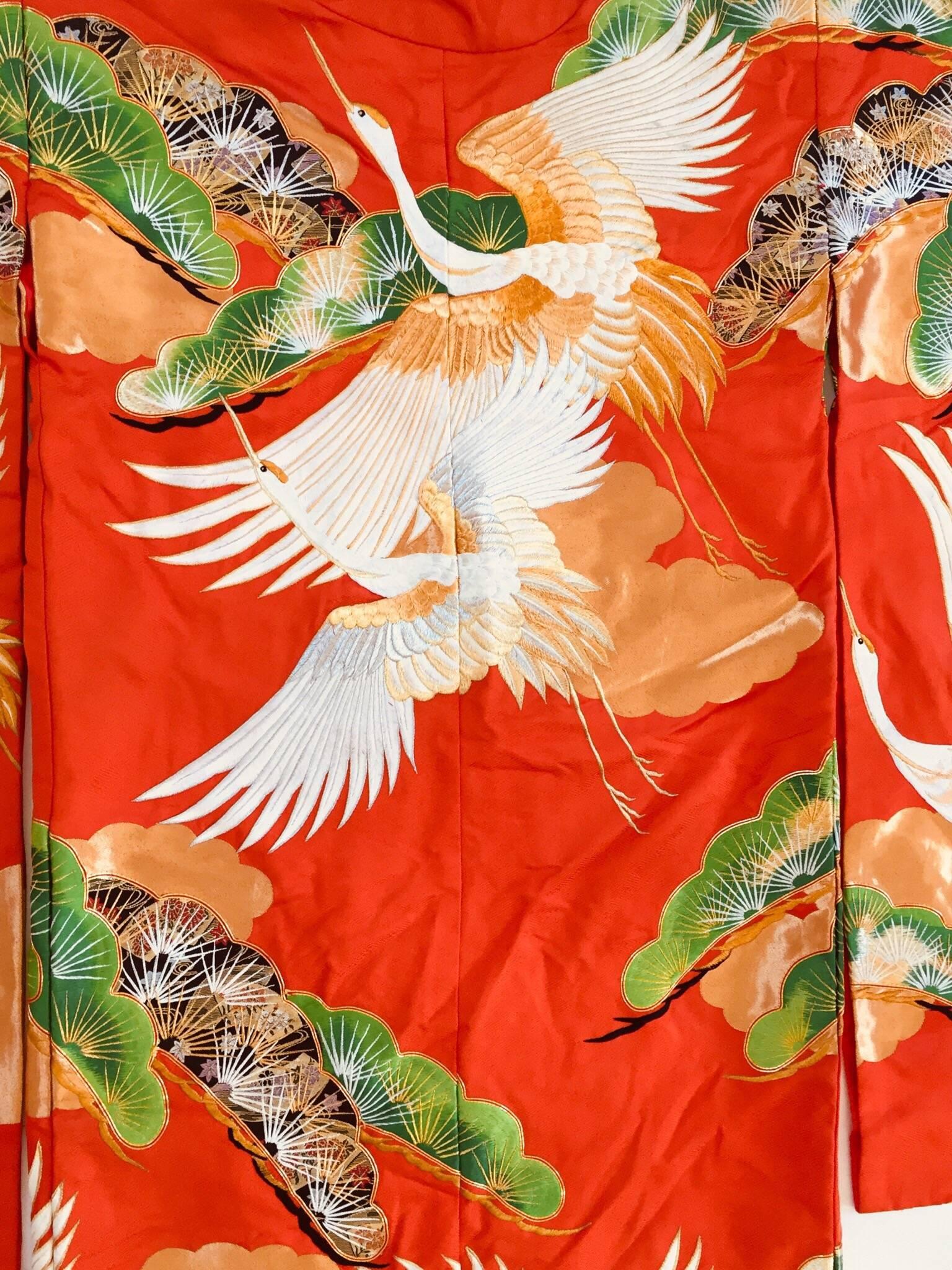 Vintage Red Brocade with Flying Cranes Japanese Ceremonial Kimono In Good Condition In North Hollywood, CA